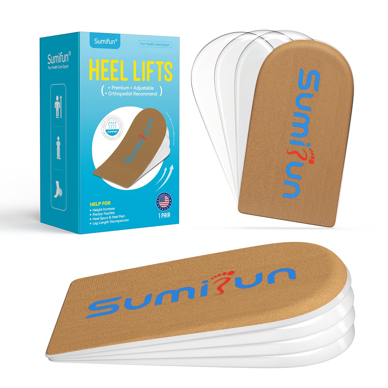 Sumifun Heel Lift, 4-Layer 1 Inch Gel Shoe Lifts for Women Uneven Legs, Adjustable Orthopedic Heel Lifts for Heel Pain and Leg Length Discrepancy, Heel Wedge Inserts 1/4" 1/2" 3/4" (Size L, 1 Pair)