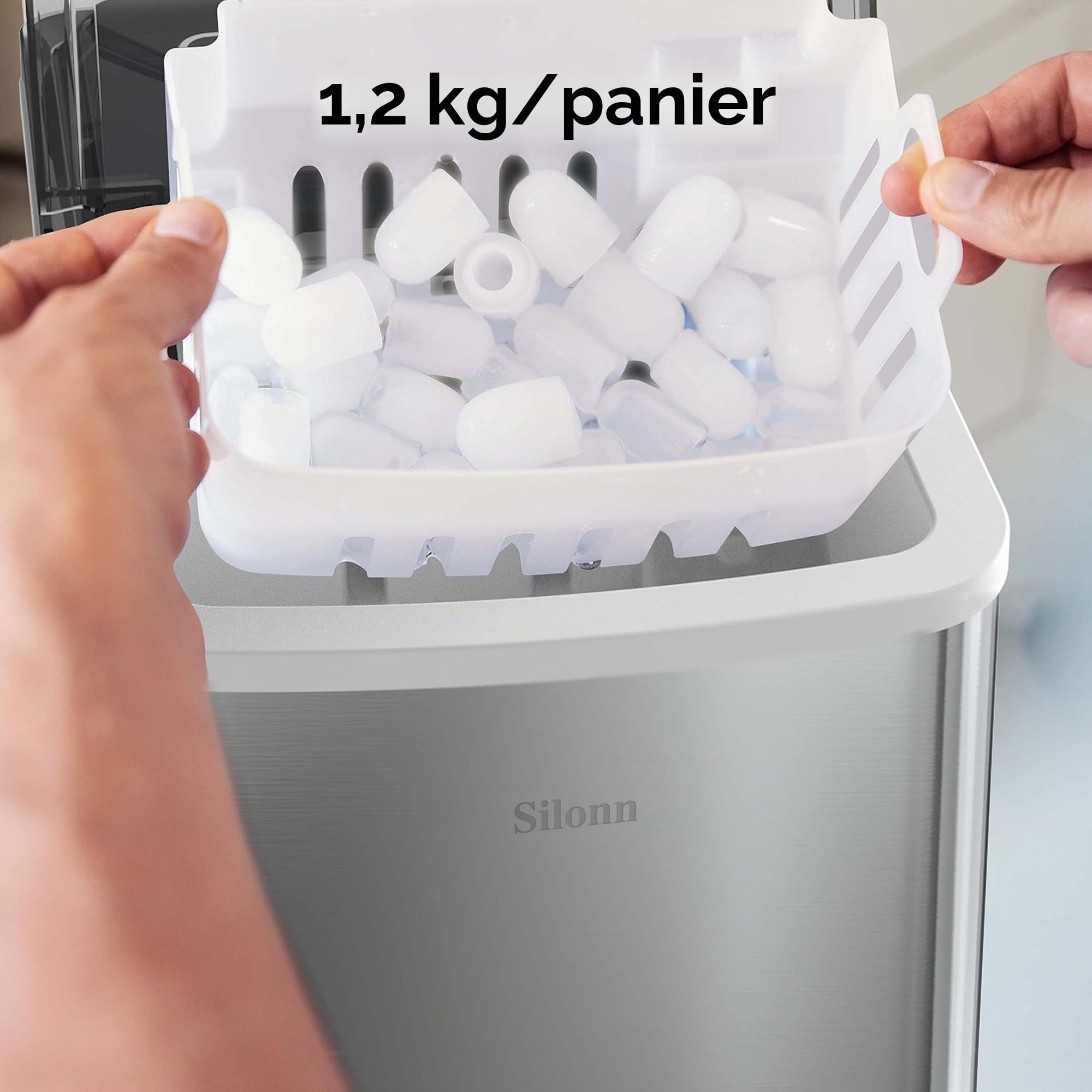 Silonn Machine À Glaçons, 9 Glaçons En 6Min Prêts 12 KG En 24 Heures, Petite Machine À Glaçons Autonettoyante Avec Pelle À Glace Et Panier, 2 Tailles De Glace Bullet Pour La Cuisine Le Bureau