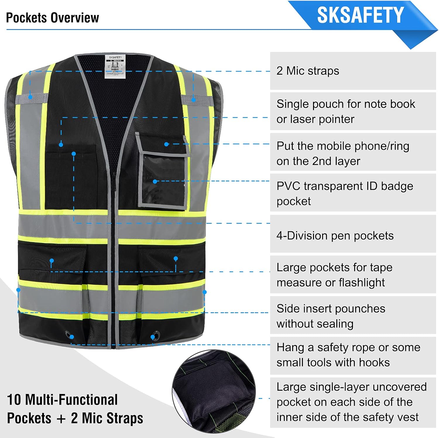 SKSAFETY 10 Pockets Safety Vest, Class 2 High Visibility Security with Zipper Back Mesh, Hi Vis Vest with Reflective Strips, ANSI/ISEA Standard, Construction Work Vest for Men ＆ Women （Black, L） - Image 5