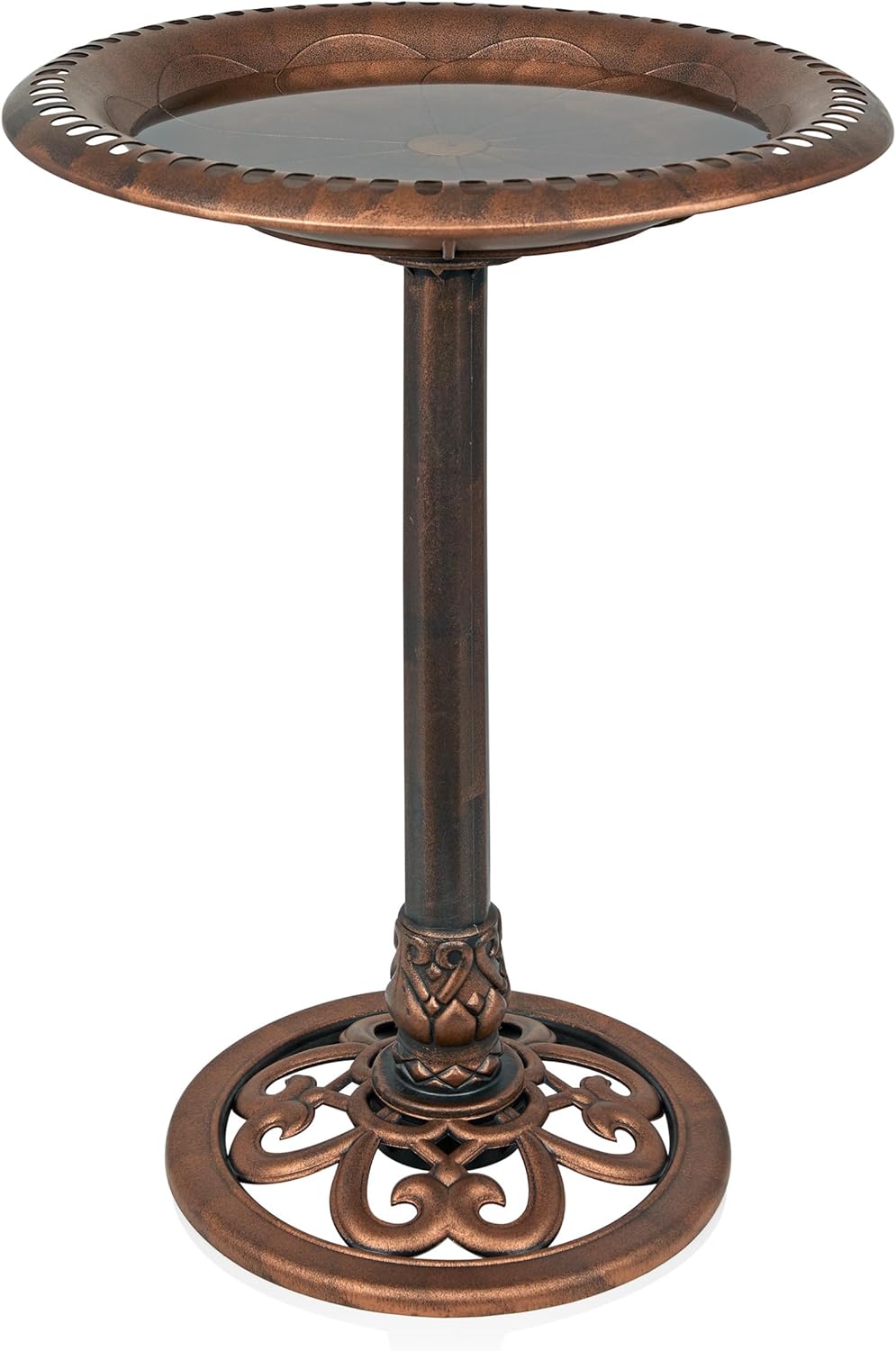 (SIMILAR TO STOCK PHOTO)Alpine Corporation TEC116BZ Outdoor Pedestal Birdbath w/Scrollwork Base and Stakes, Elegant Garden Birdbath, 28\" H, Bronze Aged Bronze