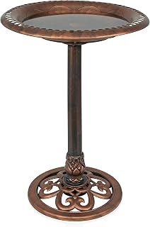 Alpine Corporation 28" Bronze Pedestal Birdbath with Scrollwork Base & Ground Stakes - Durable Weather-Resistant Garden Decor for Patio, Lawn, Yard