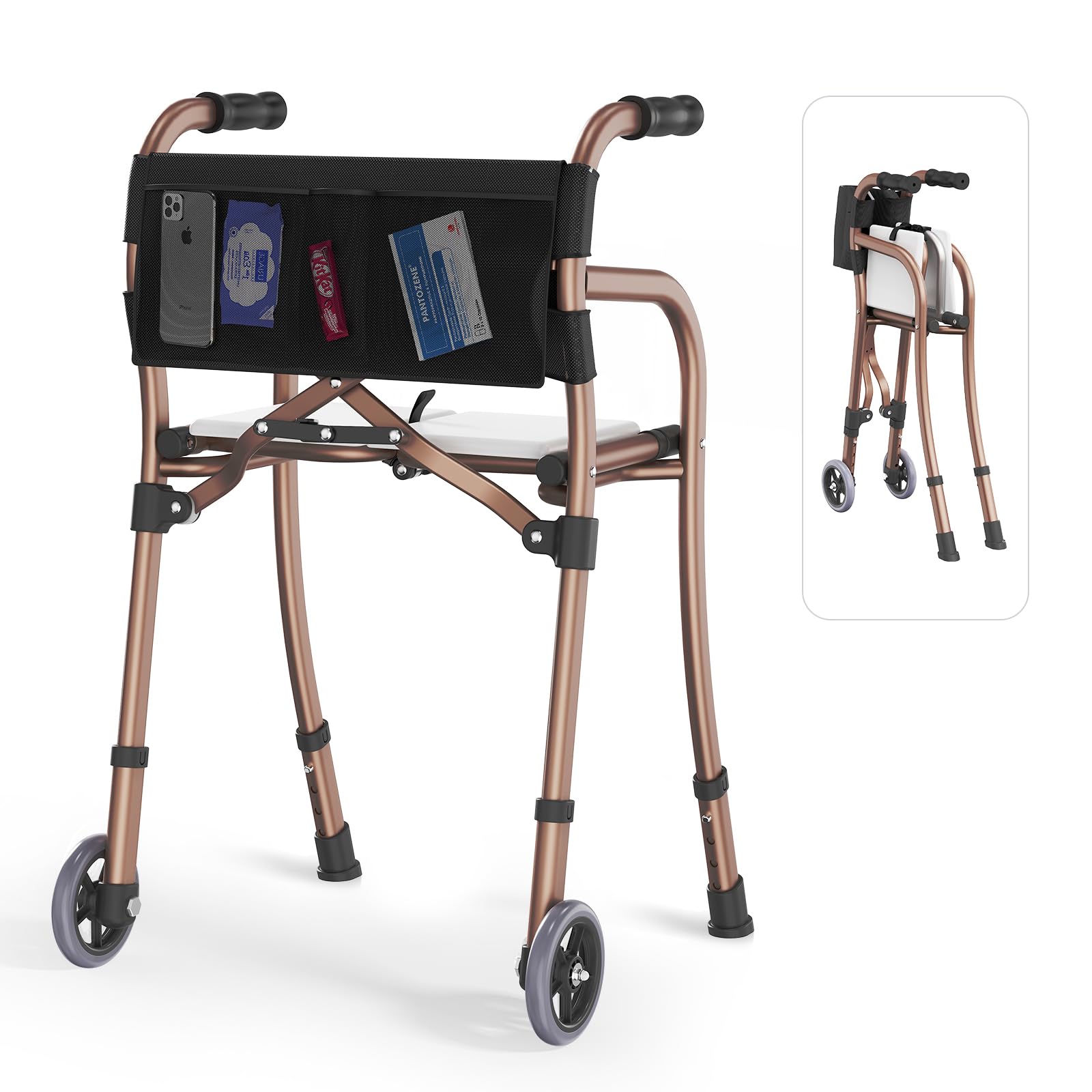 Photo 1 of Narrow Walkers for Seniors with Seat, Lightweight Folding Space Saver Mobility Rolling Walker,Height Adjustable Standard Walker with Aluminum Frame, 5-inch Wheels, Compact Travel Walker (Bronze)
