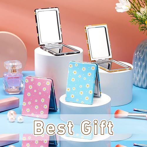 Miniatura 3 de Qunclay 4 piezas de 2.5 x 3.3 pulgadas, patrón de margaritas, espejo compacto, mini monedero de maquillaje para mujeres, pequeño espejo compacto