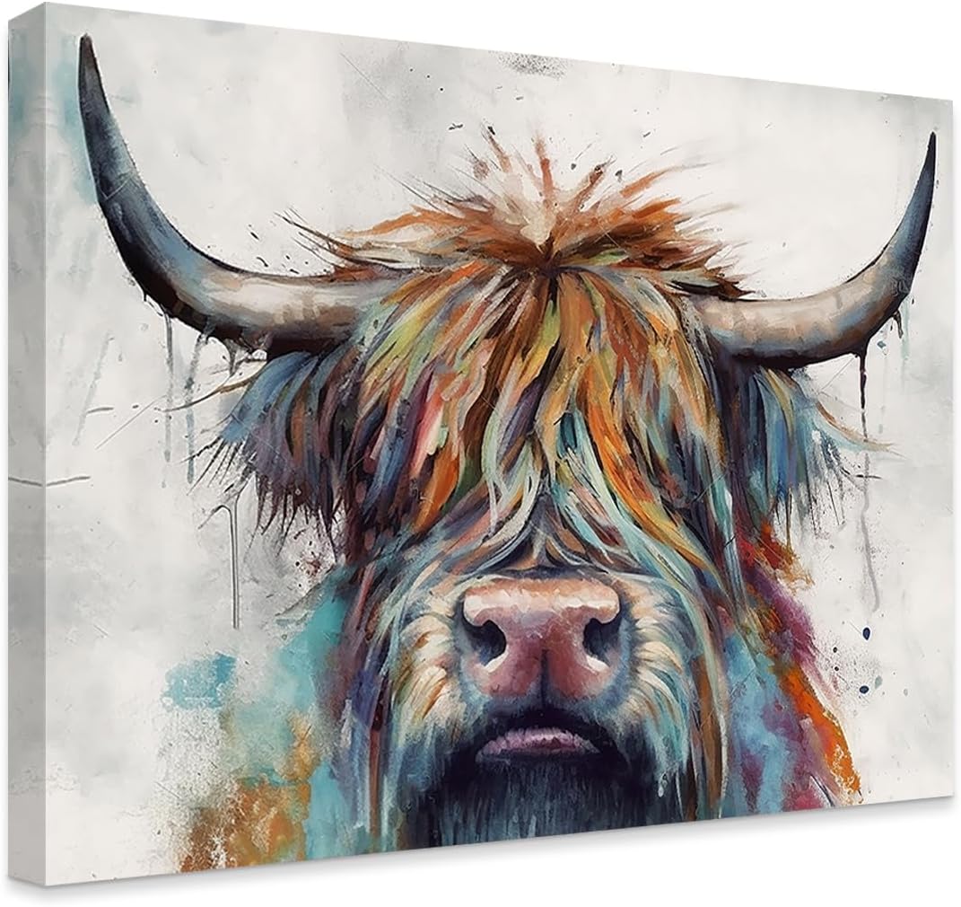 DOARTDO Highland Cow Canvas Prints Wall Art Colorful Graffiti Animal Picture Highland Cattle Wall Decor for Living Room Farmhouse Bathroom Decor (16x24inch)