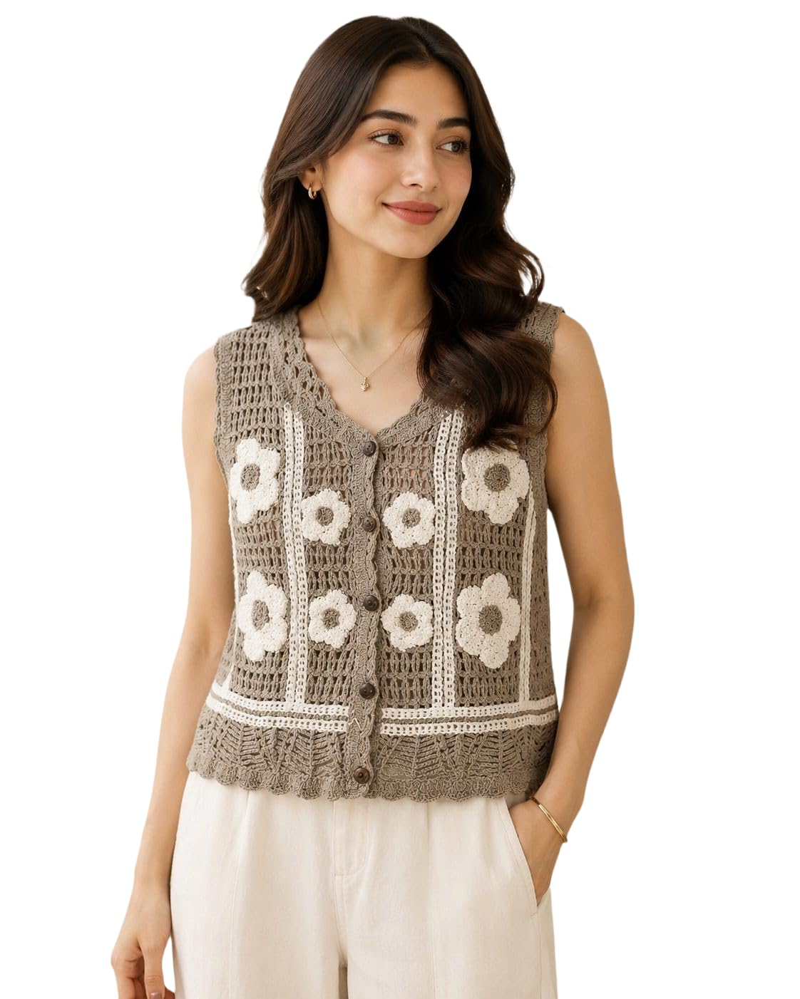 Crochet Flower Vest for Women, Taupe, Floral Appliqué, Button-Down Front, Sleeveless, Bohemian Style-picture-28