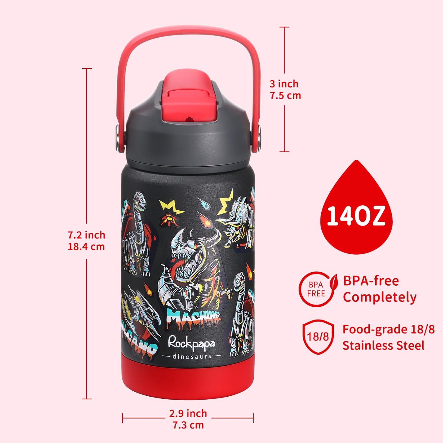 rockpapa 14 oz Kids Insulated Water Bottle,Stainless Steel Toddler Cups with Straws, BPA Free, Leak-Proof, Kids Water Bottle for School Boys&Girls (Black Dinosaur) - Image 7