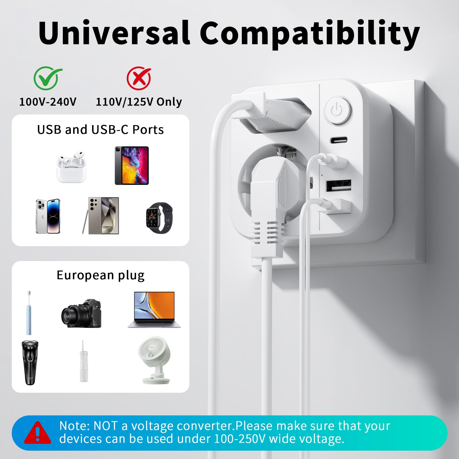 Adaptateur Prise USA vers France 6 en 1 avec 2 USB A et 2 USB C pour Canada Américaine