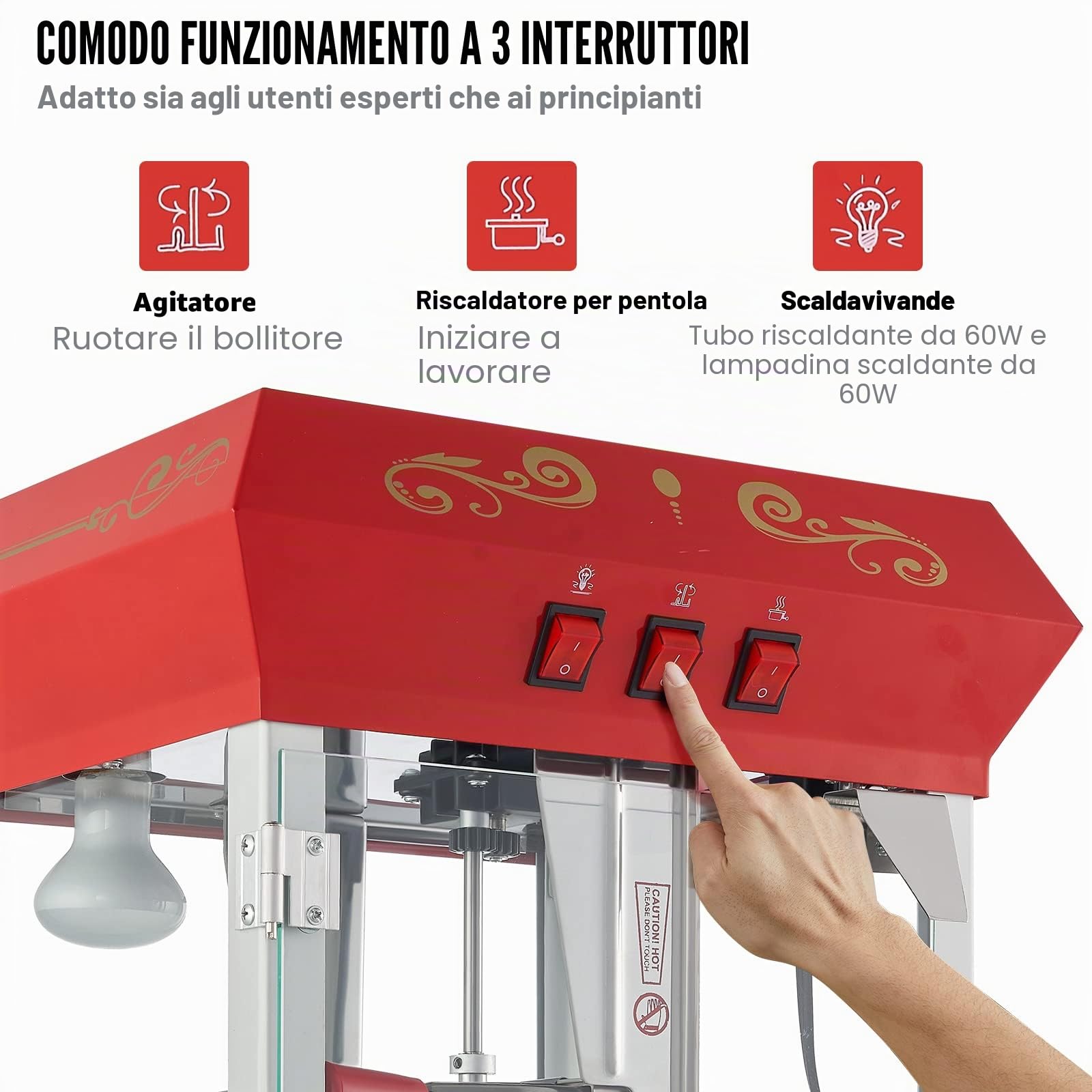 VEVOR Macchina commerciale per popcorn bollitore da 8 once macchina popcorn per controsoffitto 850 W per 48 tazze per lotto, popper stile teatro con telaio in acciaio di controllo 3