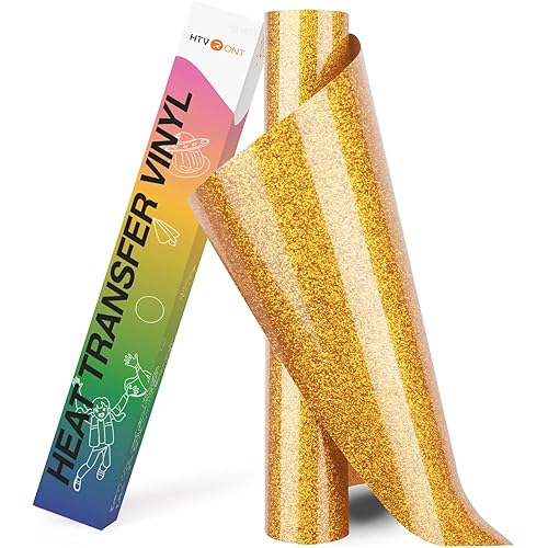 HTVRONT Gold Glitter HTV Heat Transfer Vinyl Rolls - 10" x 8ft Gold Glitter HTV Vinyl for Shirts, Glitter Iron on Vinyl for All Cutting Machine - Easy to Cut & Weed for Heat Vinyl Design (Gold)