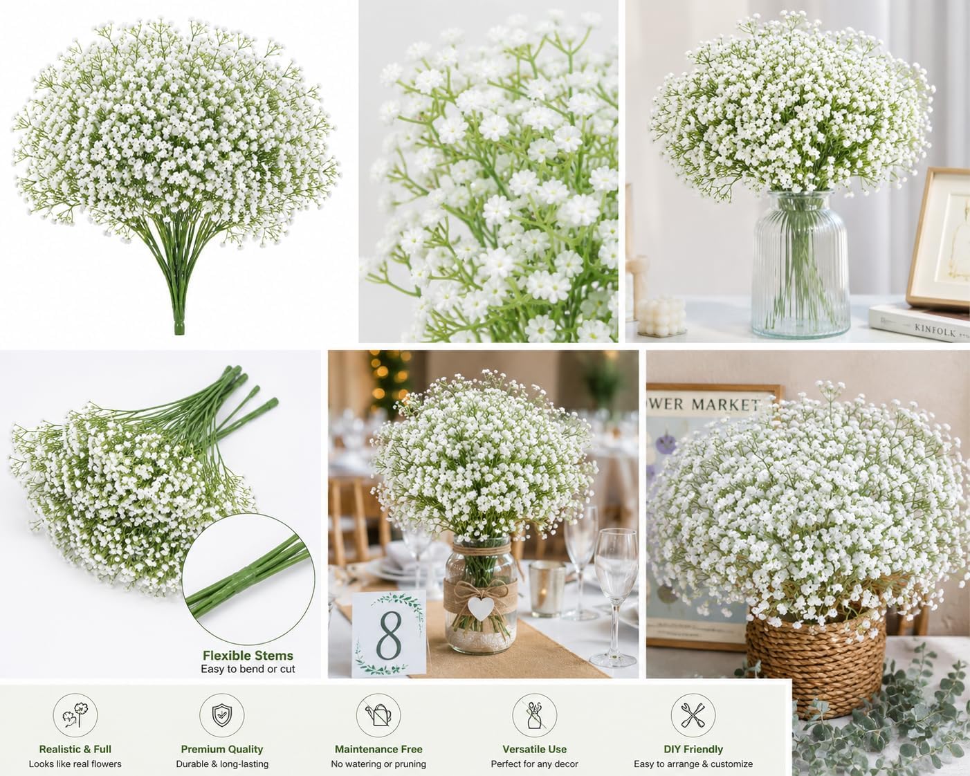 6-Stem Baby’s Breath Artificial Flowers Bulk, White Faux Gypsophila with Greenery for Wedding Bouquets, Centerpieces and Home Decor image 2