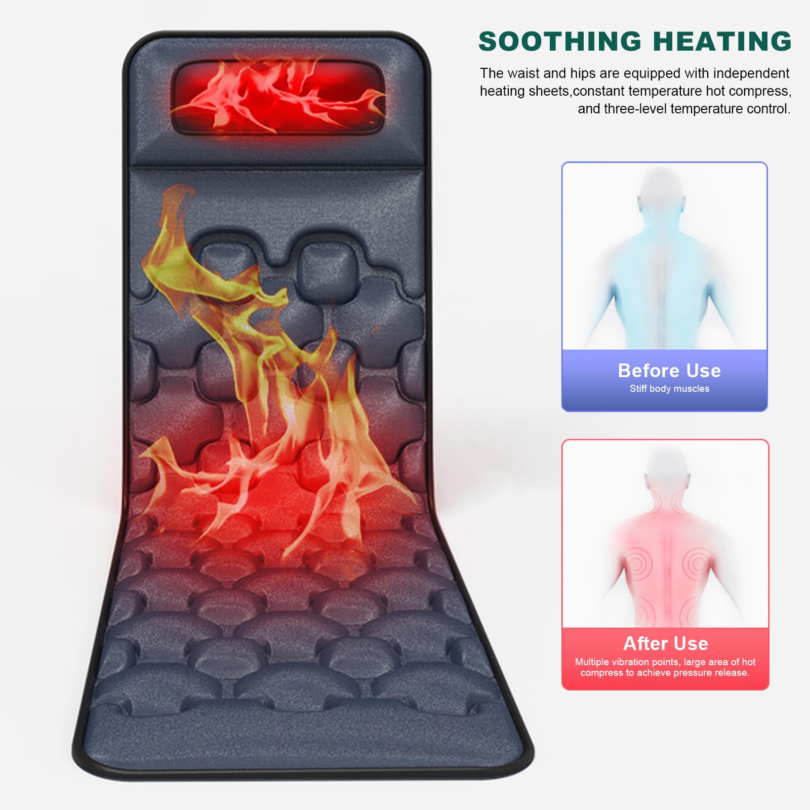 Esterilla de Masaje con Calefacción Colchón de Masaje con 10 Vibratorios y 9 Modos Almohadilla de Masaje Eléctrica para Cuello Espalda Circulación Muscular Relajación Muscular