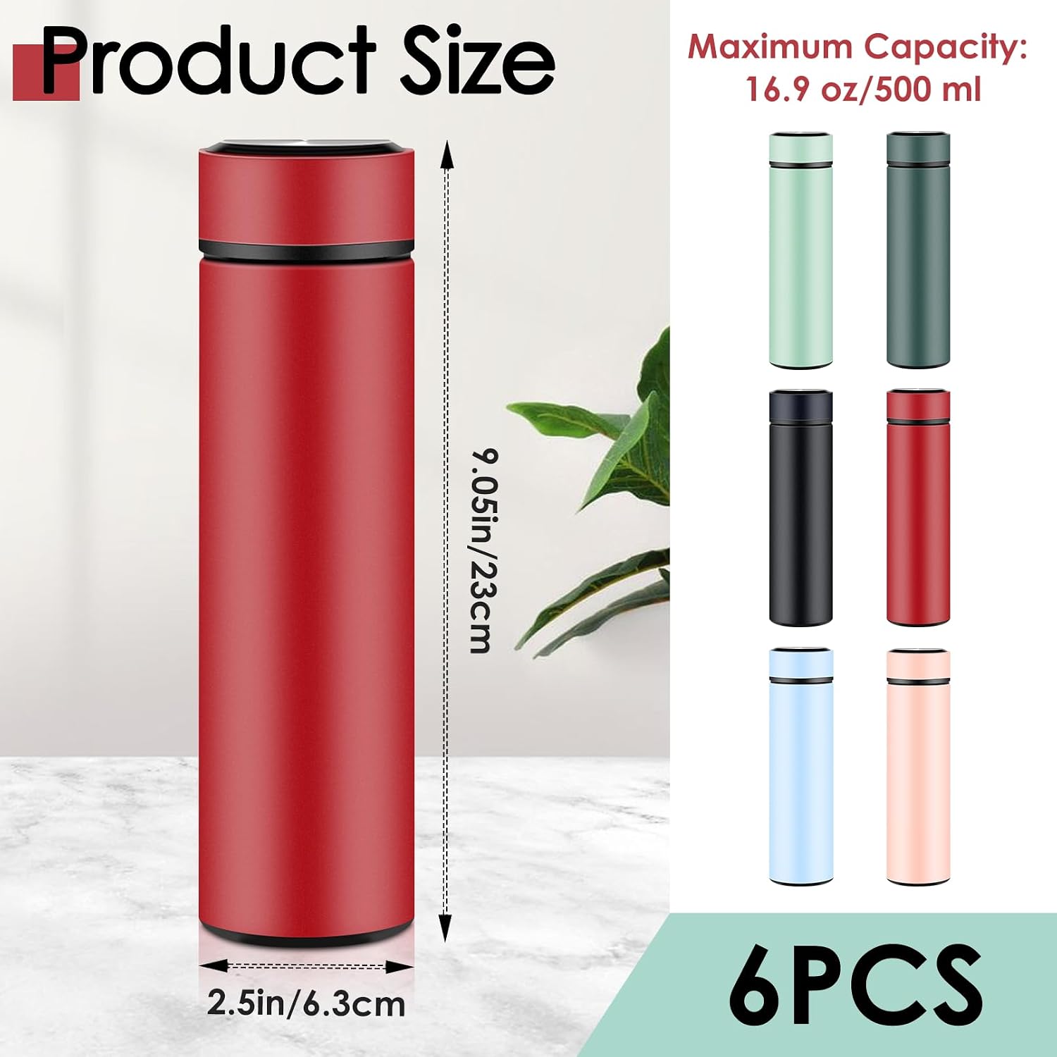6 Pcs Stainless Steel Water Bottle, 16.9 oz Double Walled Water Bottle for Keep Hot, Flask Leak Proof Water Bottles with Stainless Steel Infuser for Coffee, Tea
