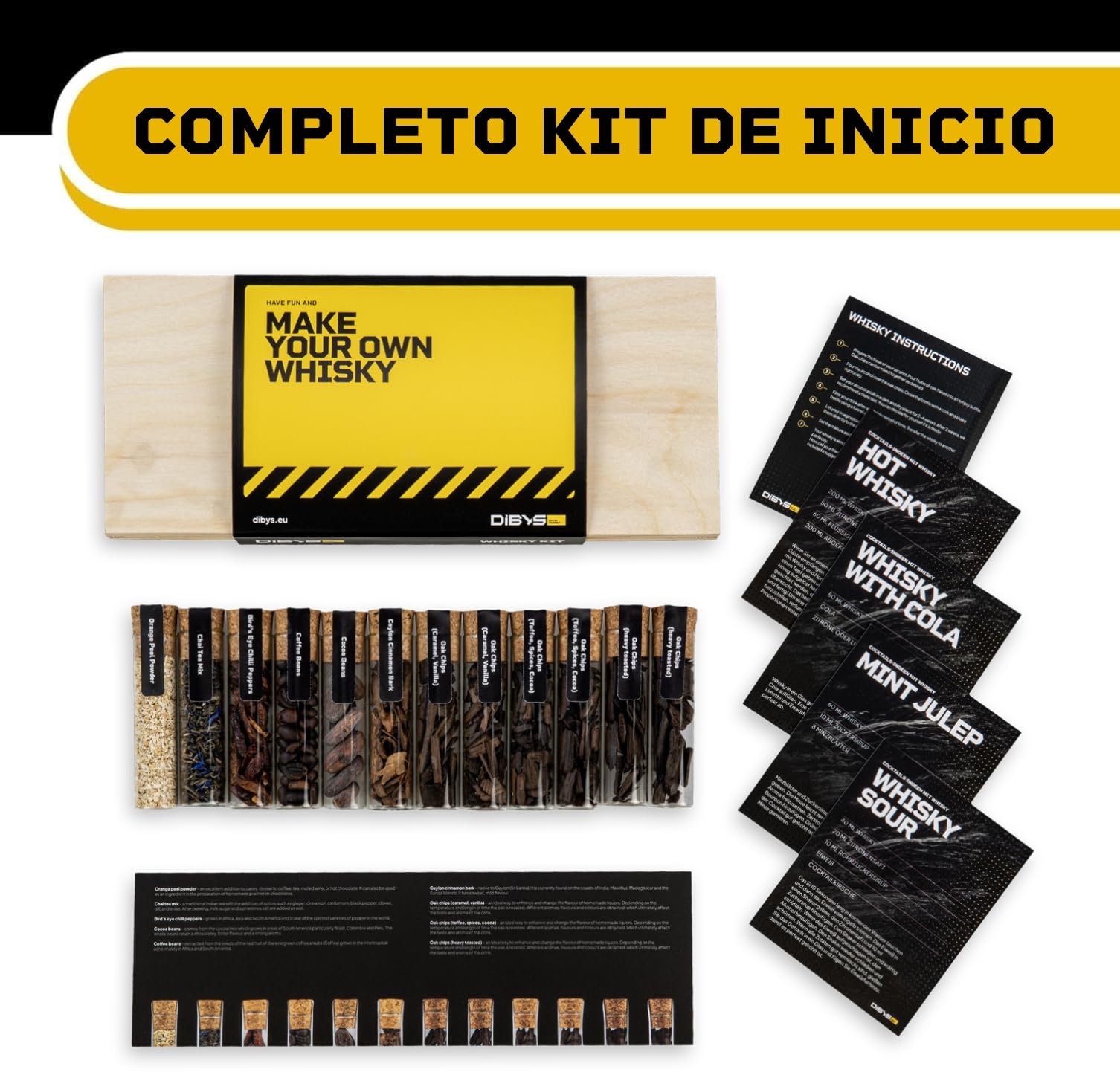 DIBYS Mini Kit Whisky para Regalar | 12 Especias para Cócteles | Con 4 Tarjetas de Recetas, Léxico y Elegante Caja | Set de Regalo para Hombres y Mujeres | Juego Hacer Whiskey Infusión en Casa