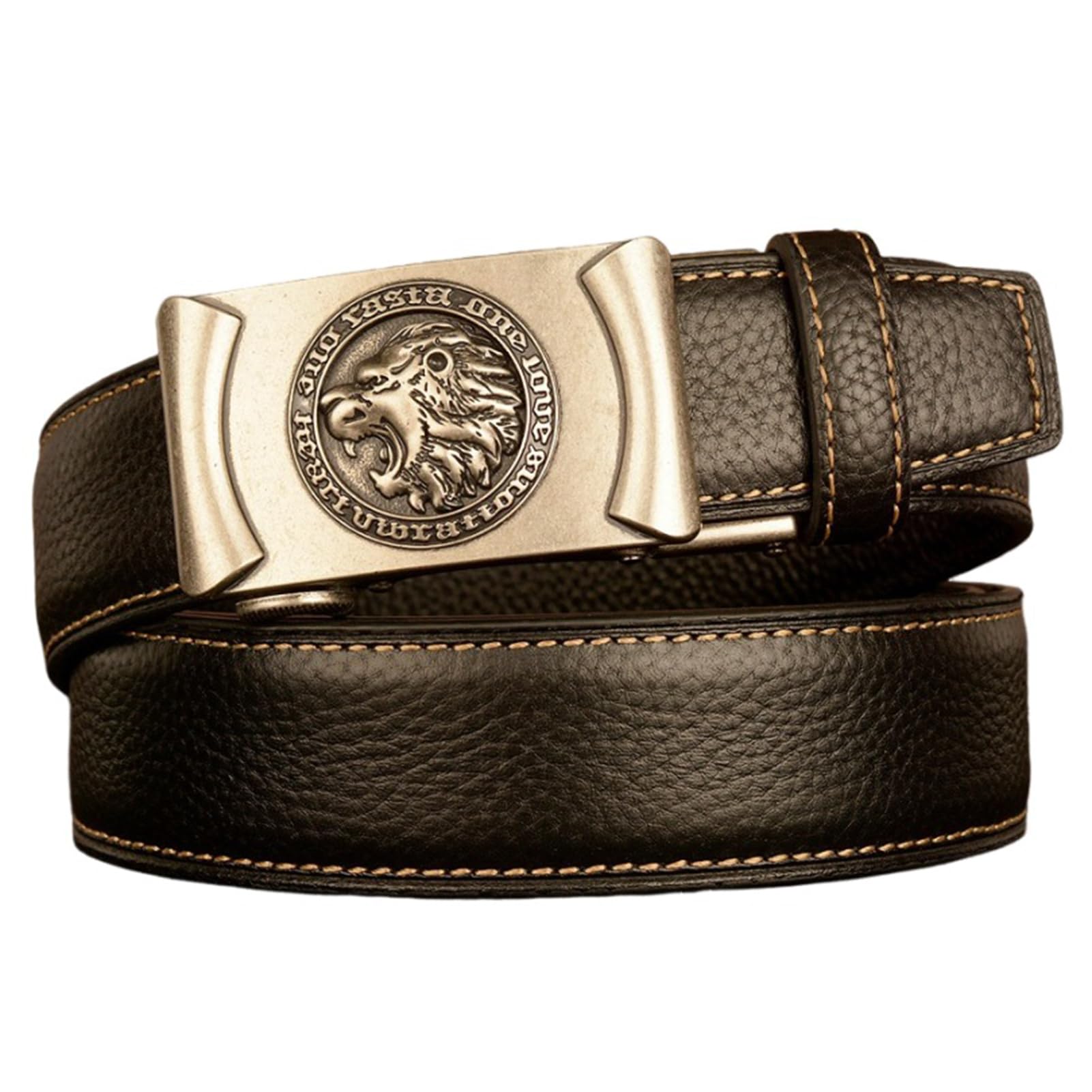 Agutalithic Men's Silver Ratchet Dress Black Belt With Roaring Lion's Head Decorative Stereoscopic Automatic Click Buckle Replaceable(125Cm/49, )