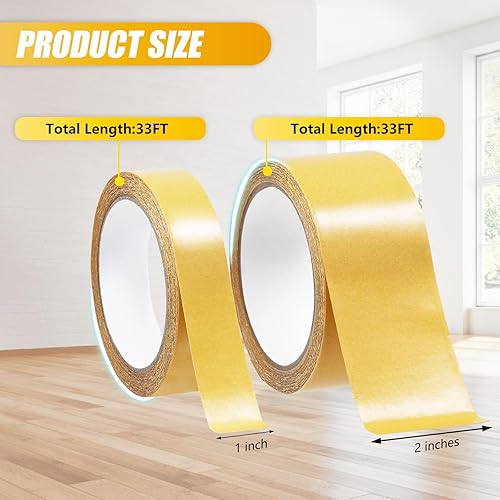 Miniatura 5 de Paquete de 2 cintas adhesivas de malla de doble cara, resistentes, superadhesivas de 66 pies - 2 pulgadas + 1 pulgada, cinta adhesiva de fibra de