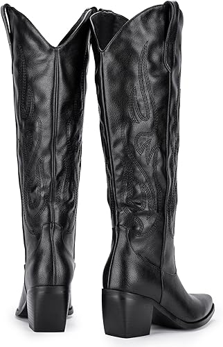 Miniatura 6 de Pasuot Botas vaqueras occidentales para mujer, botas vaqueras negras hasta la rodilla, pantorrilla ancha con bordado occidental, puntera puntiaguda,