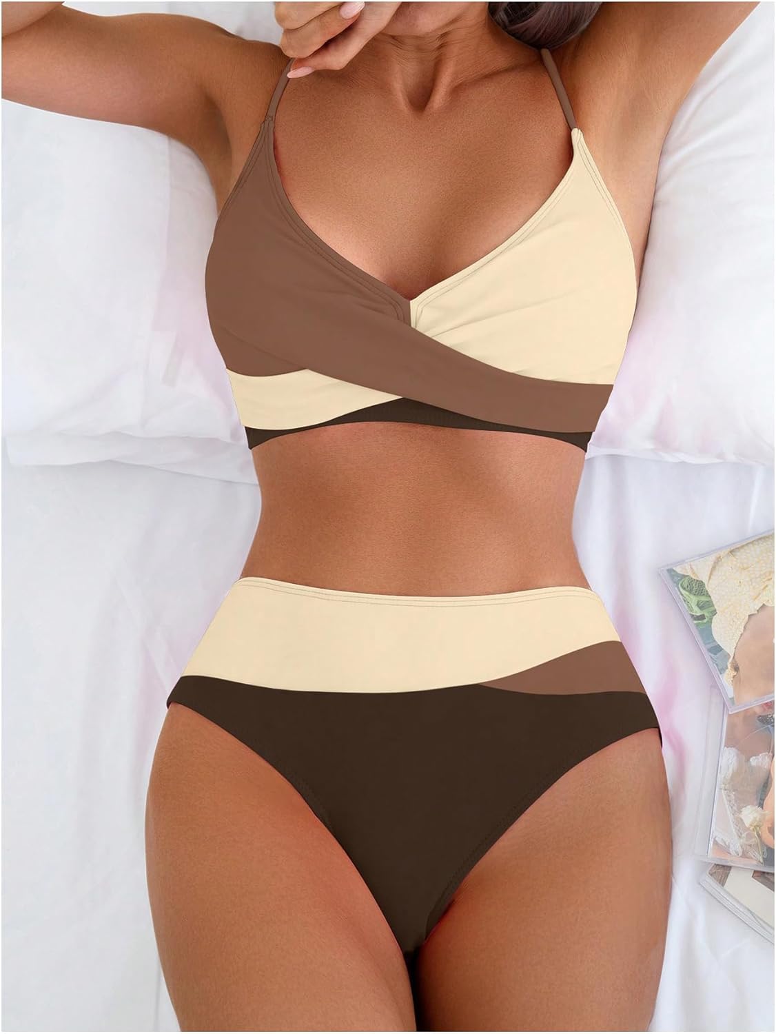 WDIRARA Women's Criss Cross Color Block Bikini Sets 2 Piece Swimsuit High Waisted Bathing Suit