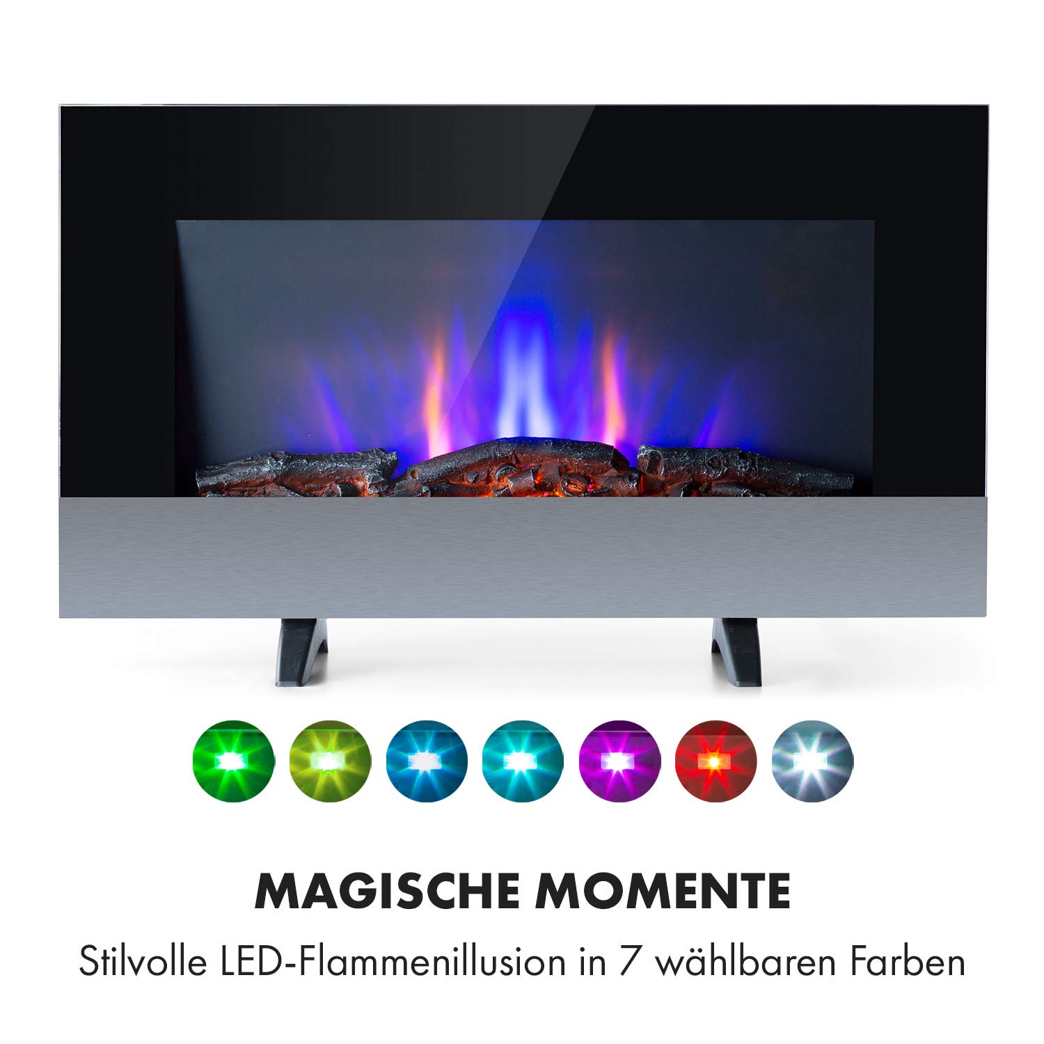 Klarstein Basel Elektrokamin - Heizlüfter mit 1000 oder 2000 Watt Heizleistung, 2 Heizstufen, LED-Flammenillusion in 7 Farben, Thermostat, Stand- oder Wandmontage, Wochentimer, schwarz