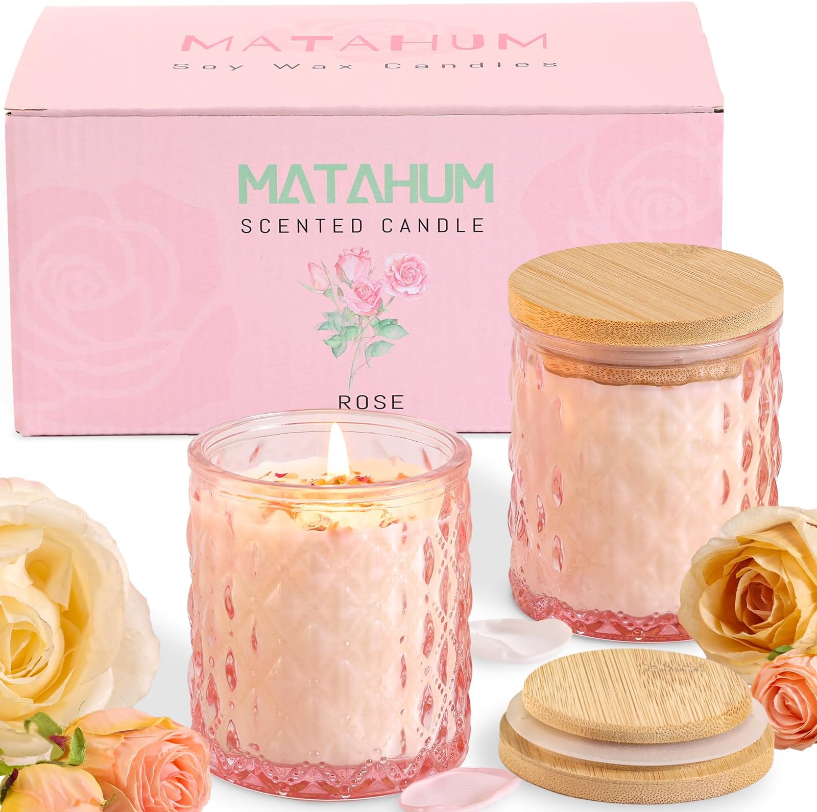MATAHUM 2 Pack Rose Scented Candles for Home Decor, 6.5oz Natural Soy Wax Aromatherapy Jar Candles, Pink Rose Candles for Home Scented Relaxing, Valentine Birthday Housewarming Giftable for Women Girl