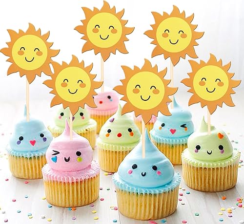 Miniatura 4 de 36 piezas de decoración para cupcakes de sol de doble cara con diseño de flores y sonrisas, decoración de cupcakes SunShine para temática de sol,