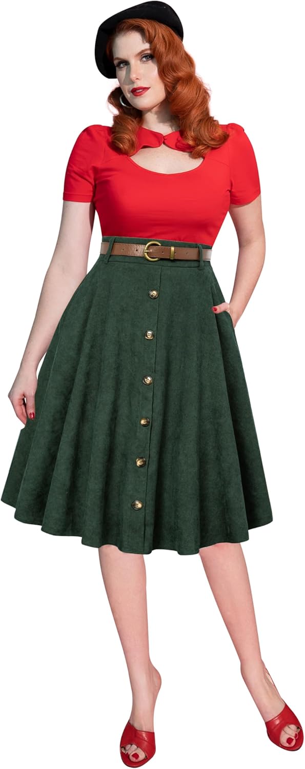 Belle Poque Women's Knee Length Corduroy Skirt Vintage Stretch High Waist A-Line Midi Skirt with Pockets & Belts - Image 3