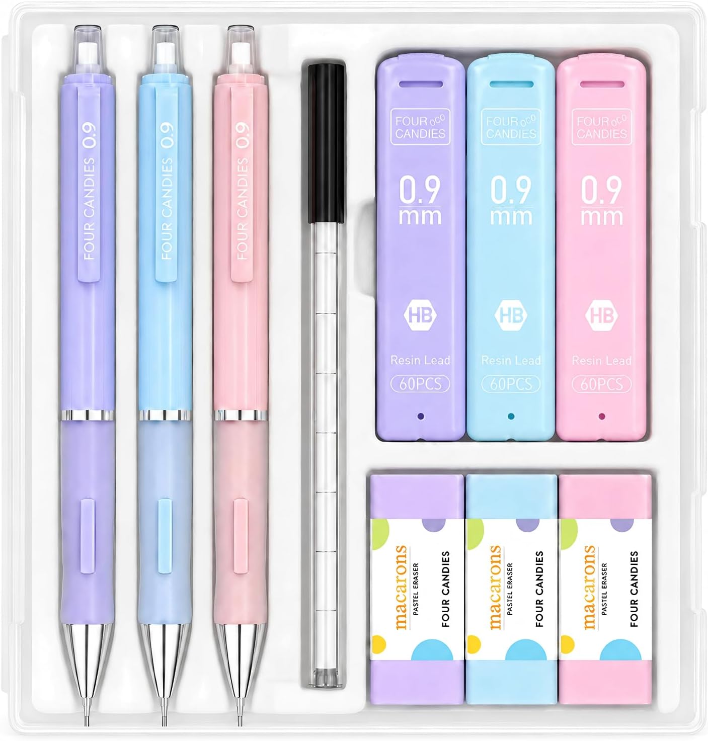 Four Candies 0.9mm Pastel Mechanical Pencil Set with Case, 3-Pack
