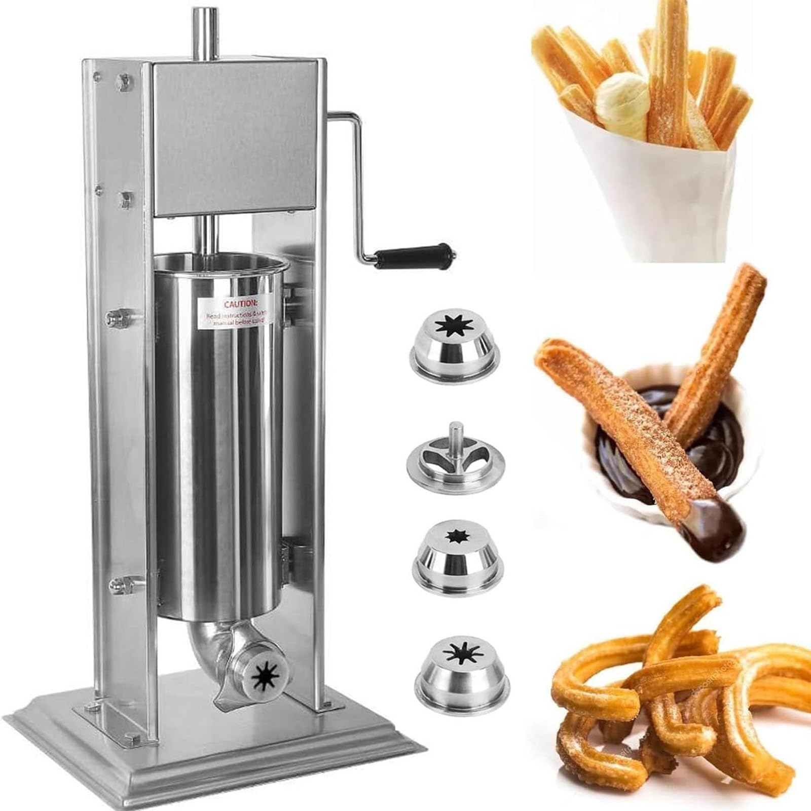 machine à churro espagnole verticale commerciale, machine de remplissage manuelle acier inoxydable, appareil à churros avec 4 embouts de formes différentes,3L