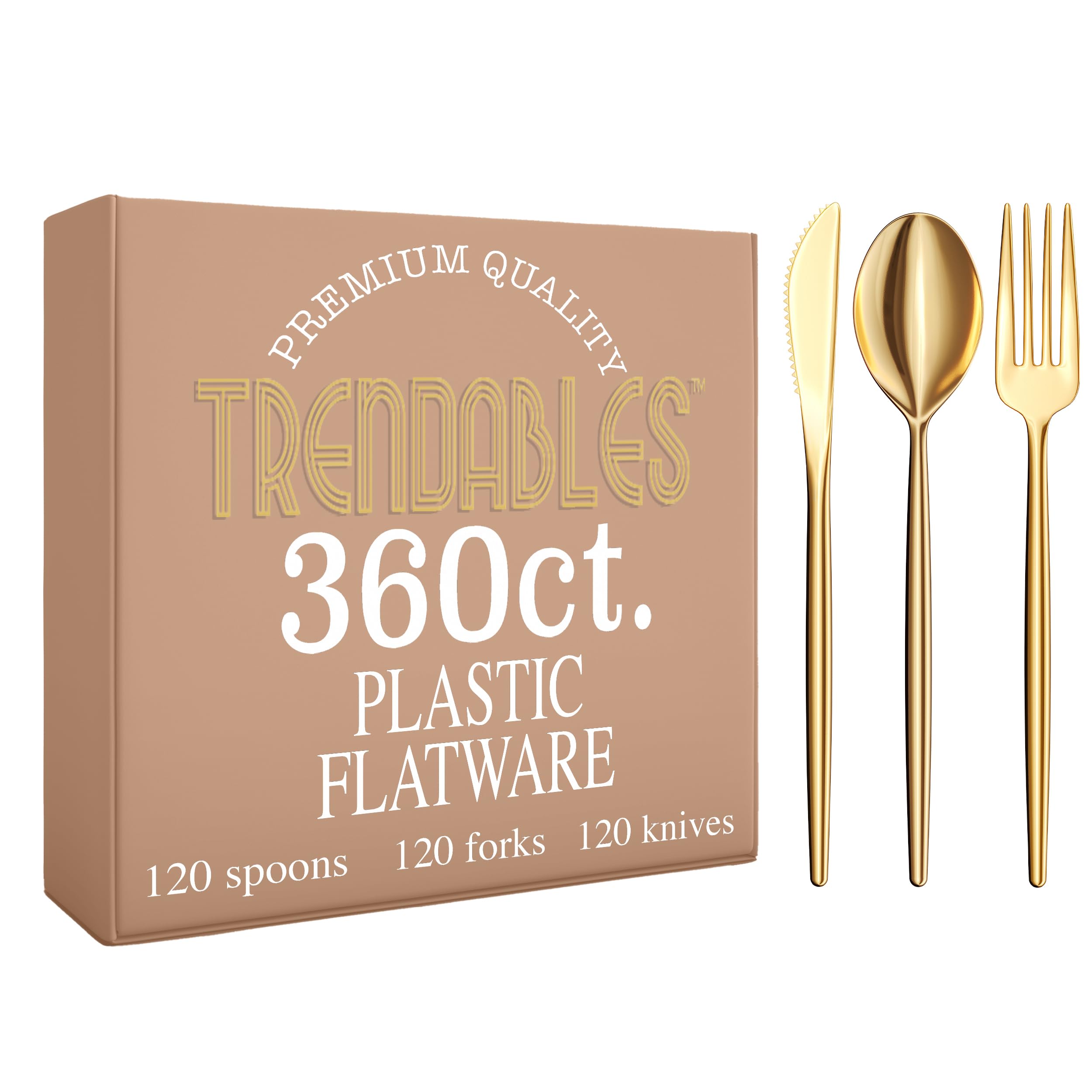 Gold Plastic Forks and Spoons 360 Pack Disposable Silverware Set - Plastic Cutlery Set Includes 3 x 120 - Forks Silverware - Plastic Spoons - Plastic Knives - Plastic Utensils Set by Trendables