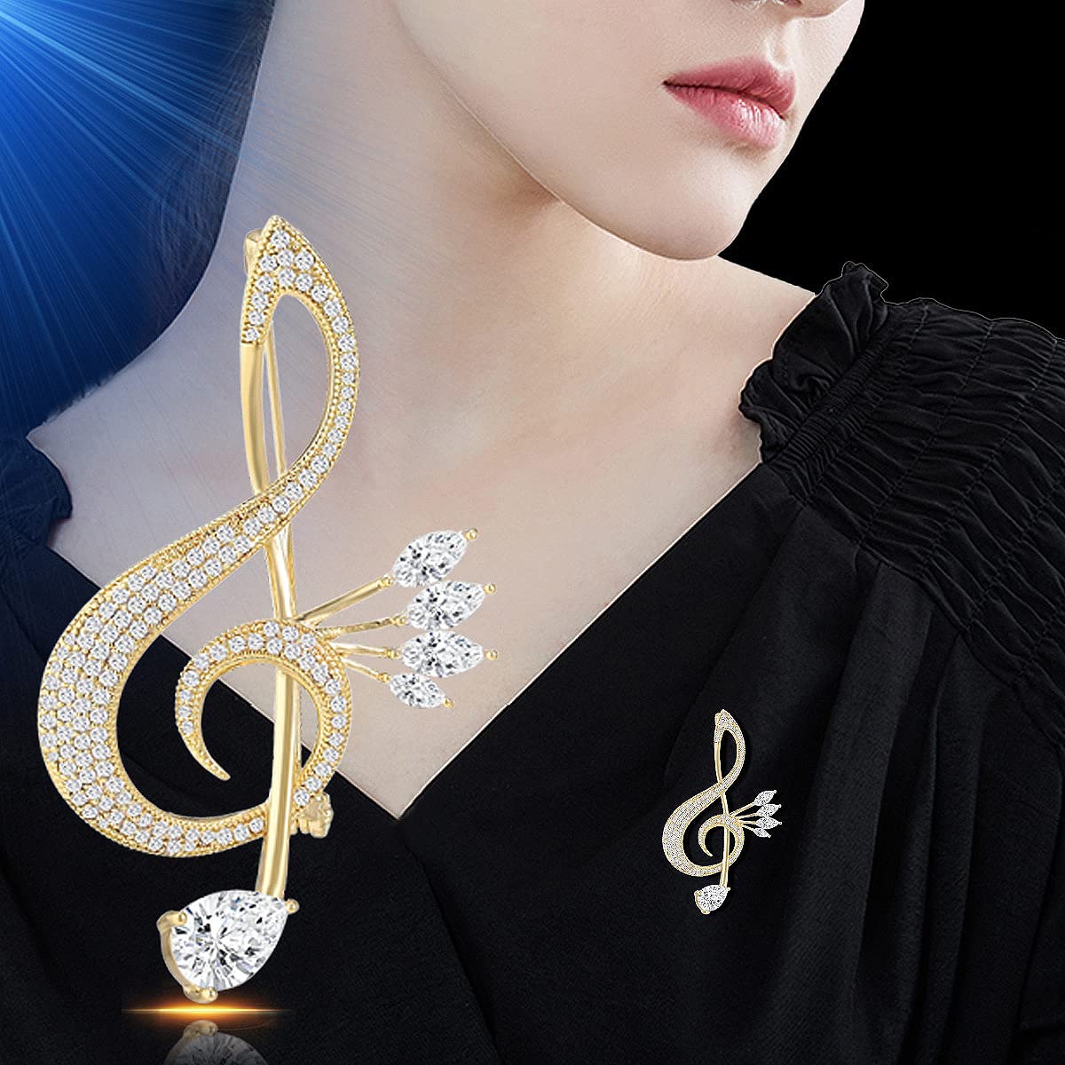 Spilla a Forma di Nota Musicale per Donna, Gioiello alla Moda, da Bavero Color Oro, con zirconi, Regalo per Insegnanti.