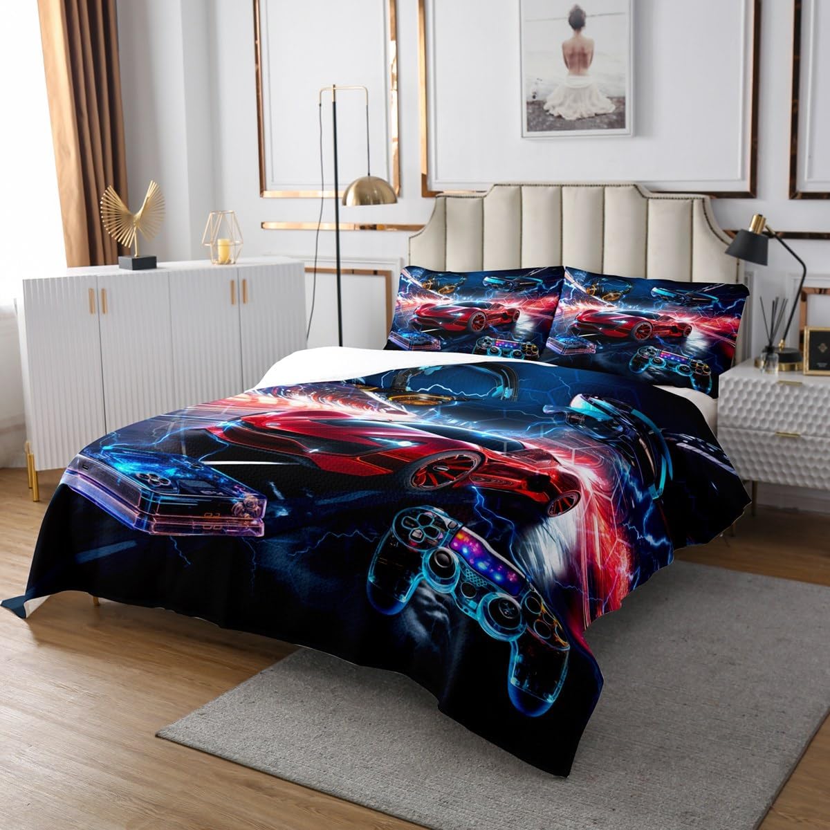 Manfei Race Car Kids Bedspread King Size,Gaming Gamepad Video Games Honeycomb Coverlet Set,Girls Boys Room Decor,Headset Lightning Gamers Quilted Coverlet,Red Blue Fashion Bedding Quilt,2 Pillowcases