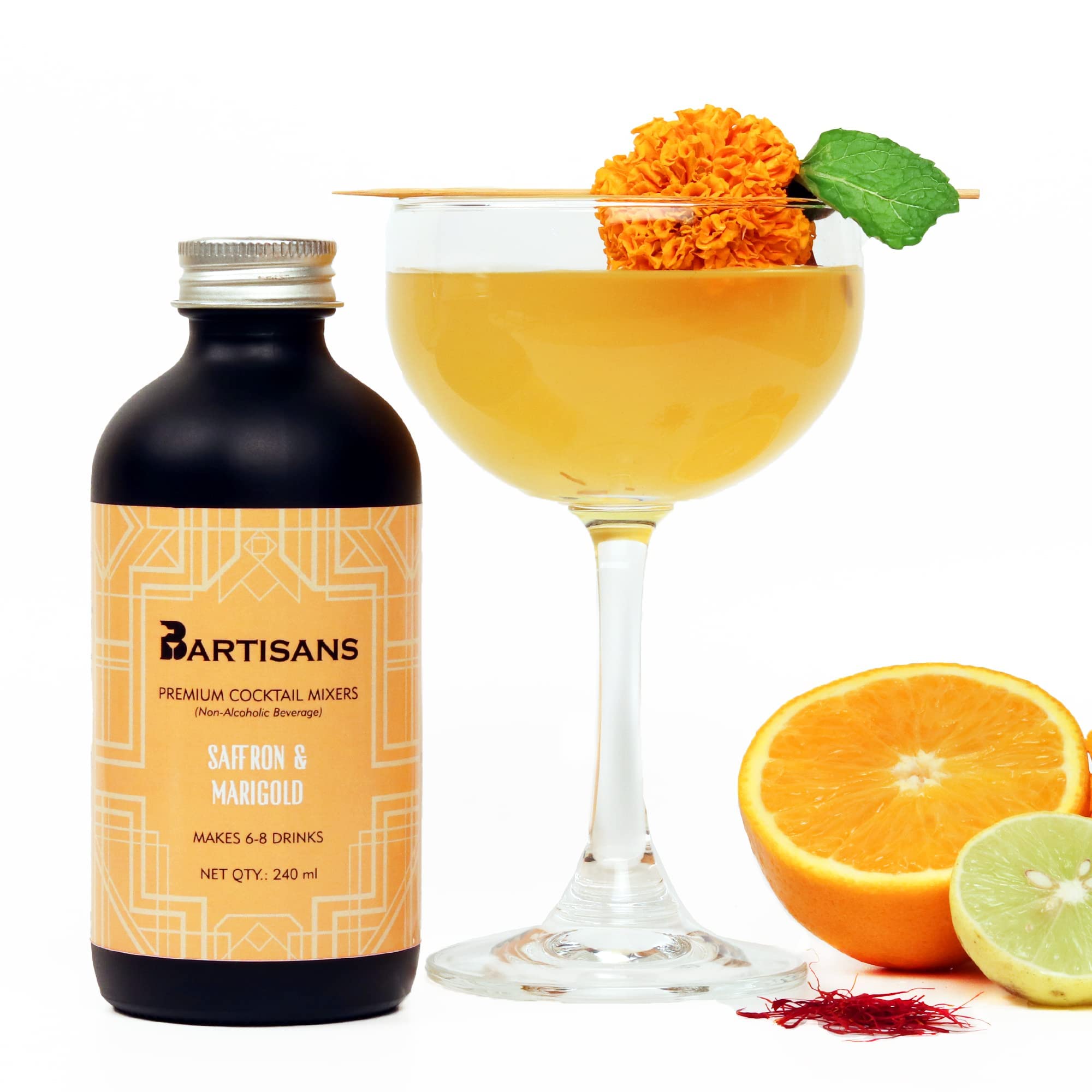 Bartisans' Cocktail Mixers - Saffron & Marigold Flavour Pairs With Gin & Vodka - Non-Alcoholic Beverage - Each 240ml Bottle Makes 6-8 Drinks