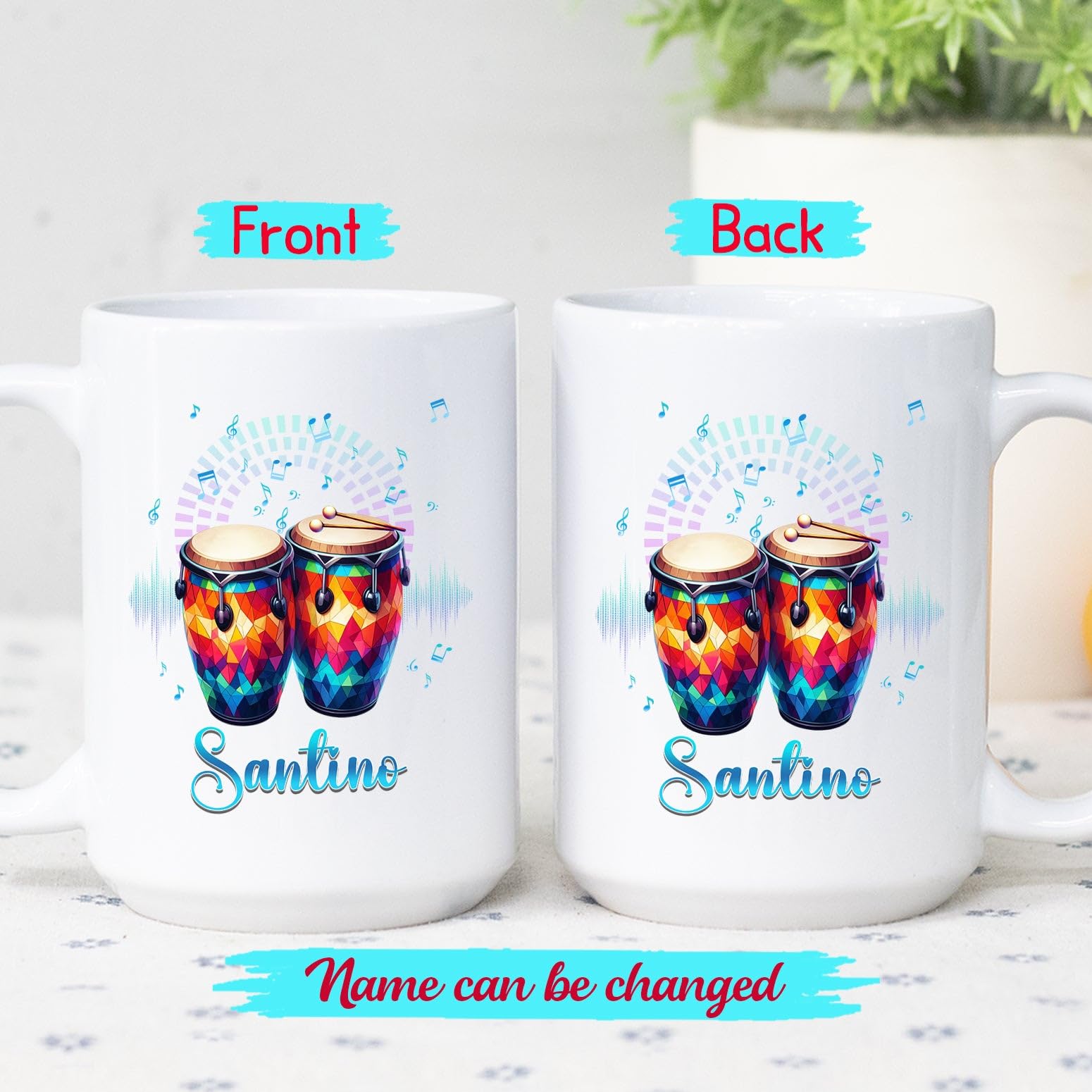 Colorful Bongo Drum Musical Instrument White Coffee Mug 11 15Oz, Personalized Bongo Drum Lover Ceramic Cup Gift For Bongo Drum Player Birthday Christmas, Custom Name Bongo Drum Cup, Bongo Drum Mugs