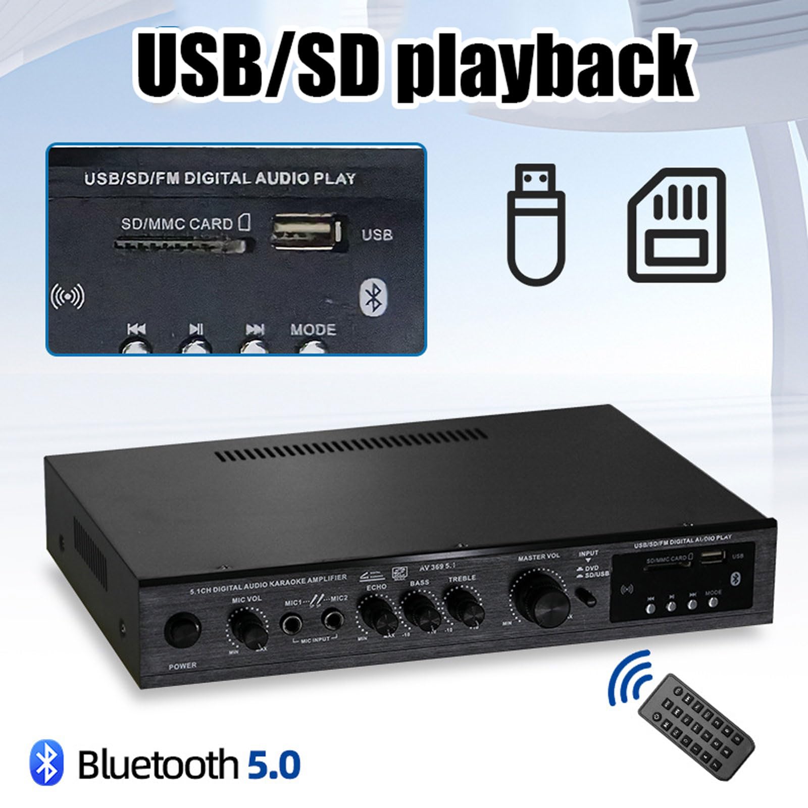 Amplificateur numérique 5.1 canaux avec Bluetooth, fente pour carte USB/CD, réglage de la réverbération, pour la maison et les spectacles