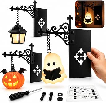 Vintage Halloween Bookshelf Lantern Set, 3-Piece Ghost, Pumpkin and Lamp Display