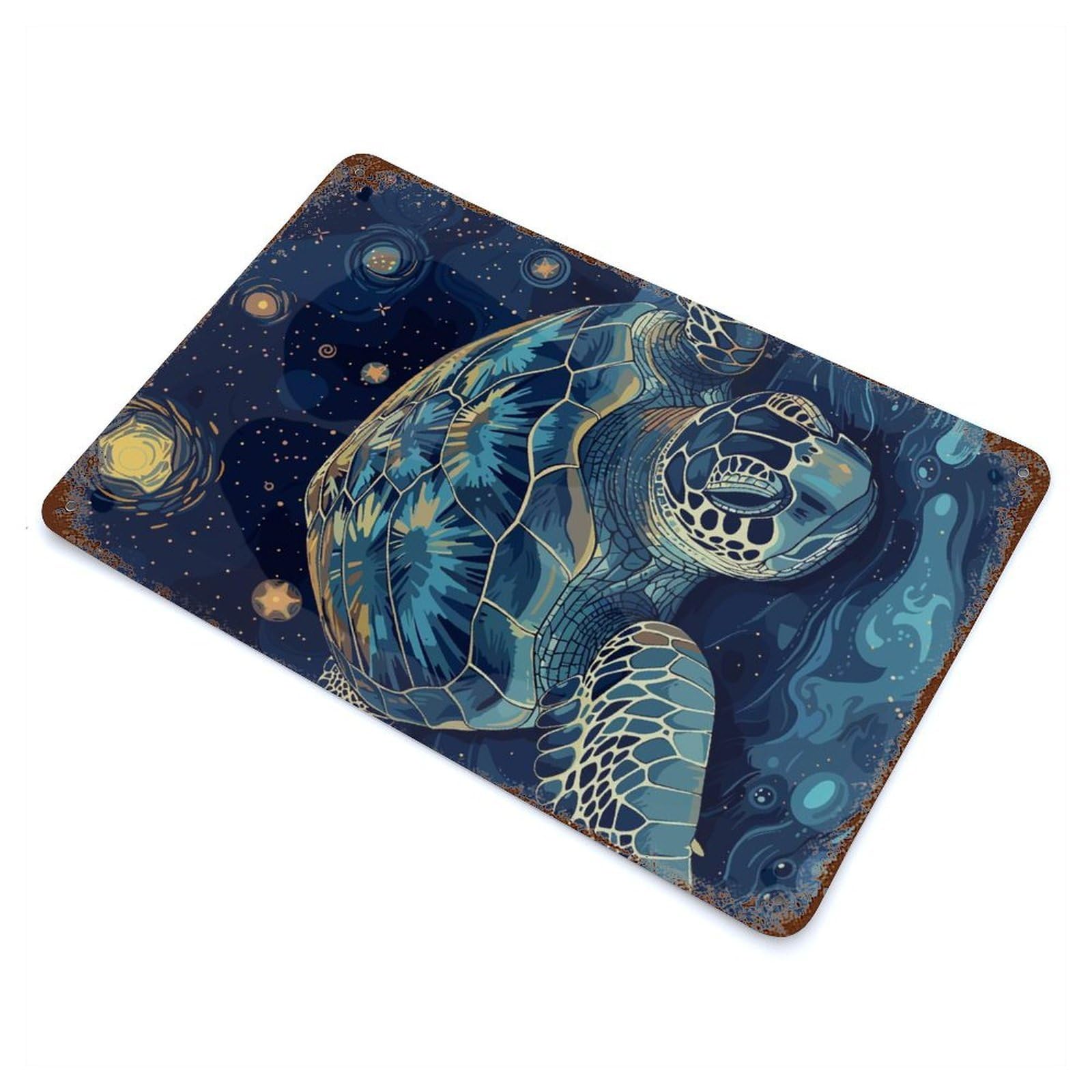 Weathered Tin Sign with Starry Night Sea Turtle Illustration Design 11.8"x7.9", for Garage, Bar And Workshop Decor, Decorative Metal Wall Art