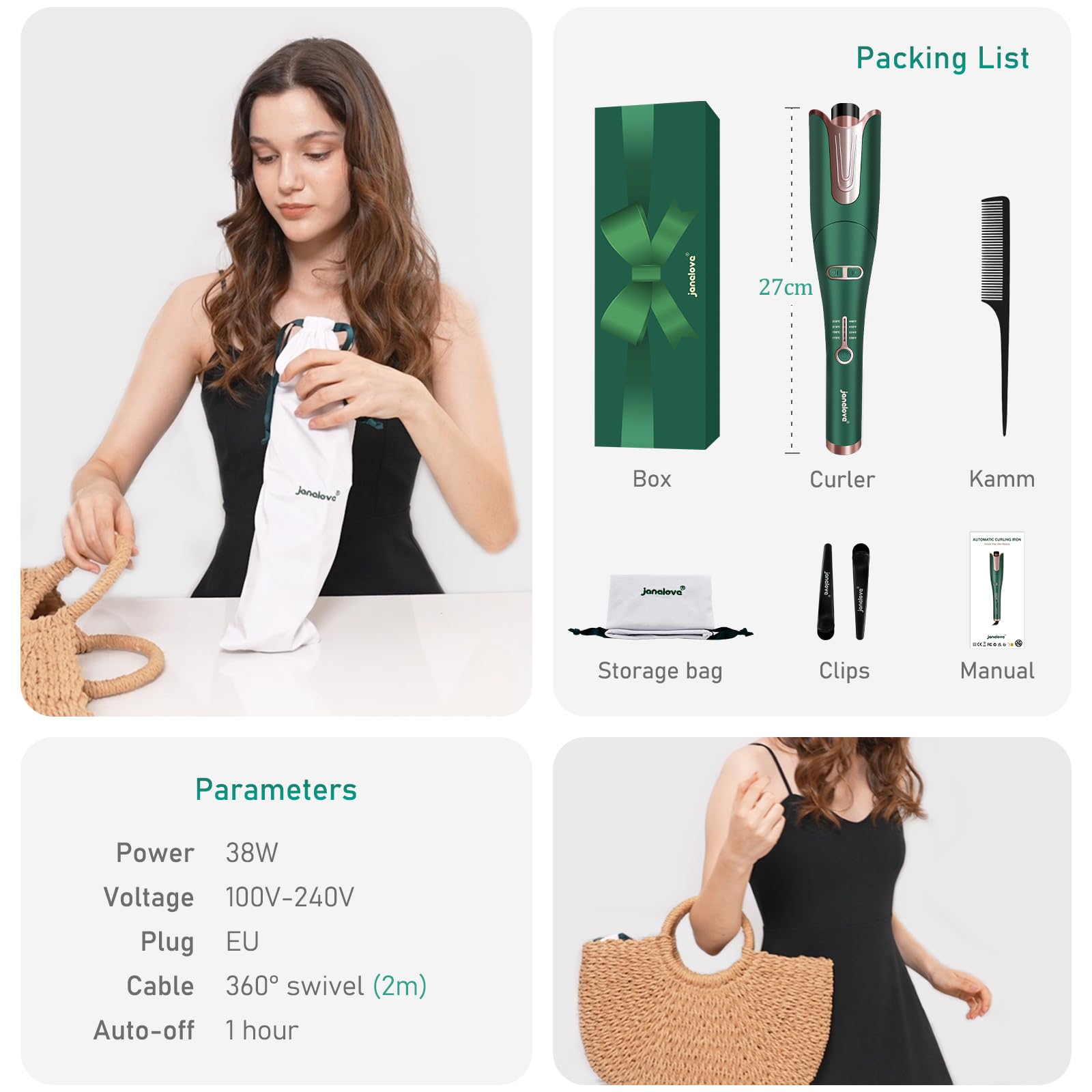 janelove Boucleur Automatique - 25mm Fer a Boucler Cheveux avec 4 Températures Réglable, Fer à Friser Automatique Ceramic Curling Iron pour Long Cheveux - Vert