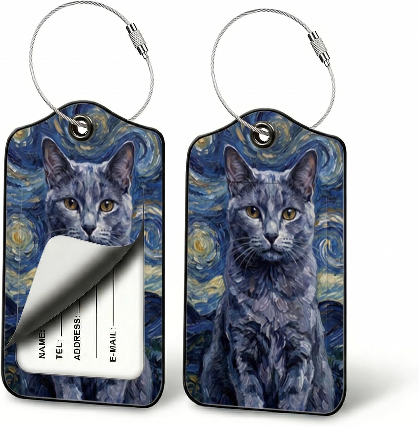 Gray Cat Luggage Tags for Suitcases, 2 Pack PU Leather Travel Bag Tags with Privacy Cover and Wire Ring, Cute Suitcase Tags for Carry On Bags, Backpacks, Cat Lovers and Travelers