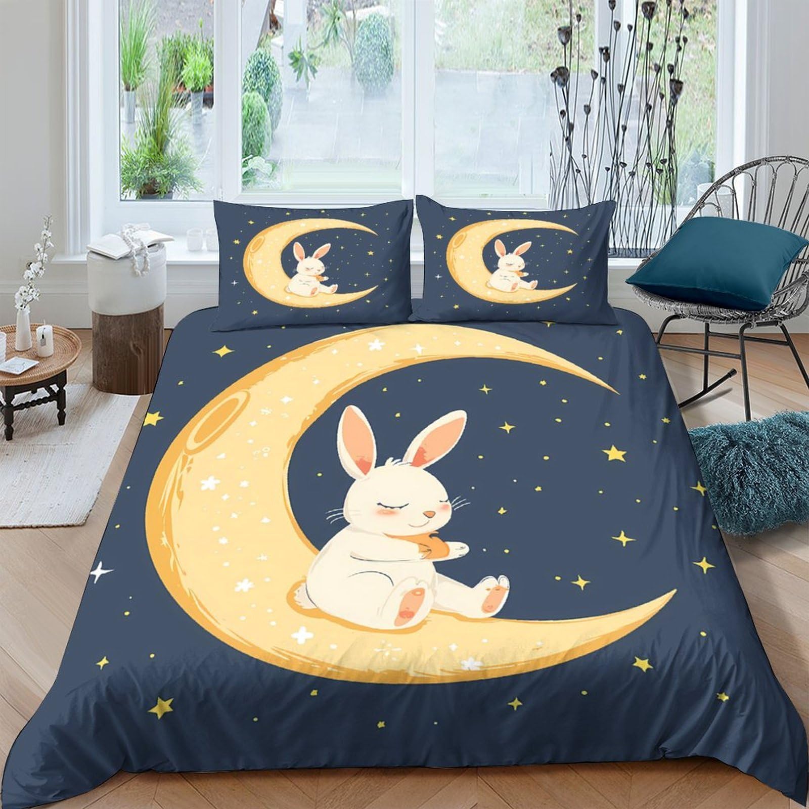 XFKLYNVCJ 3D Printed cute bunny Comforter Cover Premium Polyester cartoon night scene Duvet Cover Shrink Resistant Stain Resistant Soft Comfortable Easy Care for Home Bedding King（220x240cm）
