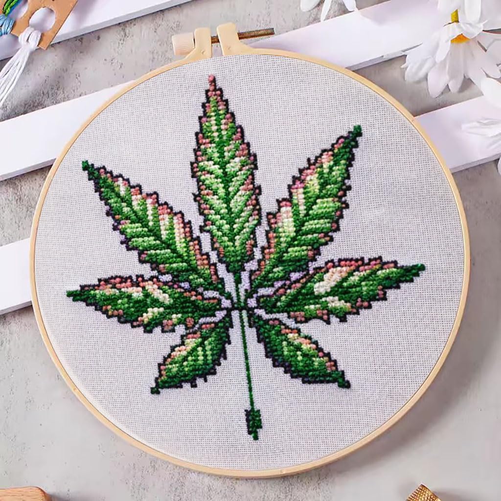 DIY Cross Stitch Kits Watercolor Marijuana Leaf Easy for Beginners with Hoop 11CT Needlepoint Embroidery Counted Stamped Cross Stitch Set Craft Wall Decor 20x20cm(2)