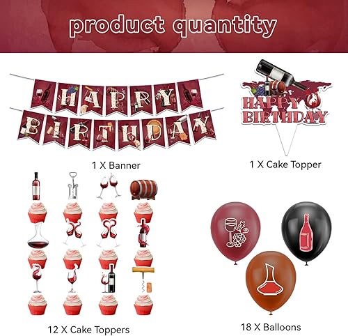 Miniatura 2 de Decoraciones de fiesta de vino tinto, decoraciones de cumpleaños de vino tinto, incluye pancarta de feliz cumpleaños de vino tinto, decoración de