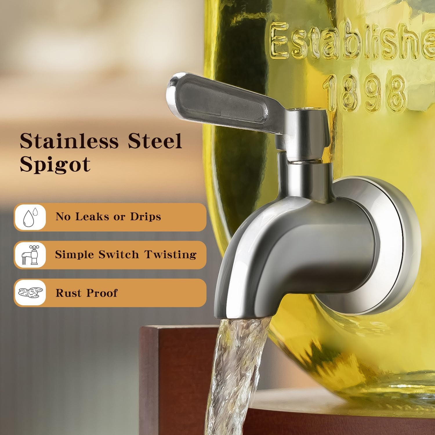 Glass Drink Dispenser with Acacia Wood Stand and Lid,1 Gallon Beverage Dispenser with Stainless Steel Spigot for Parties,Picnics,Barbecues,Lemonade,Sun tea Jar,ice coffee,Laundry Detergent Dispenser - Image 4