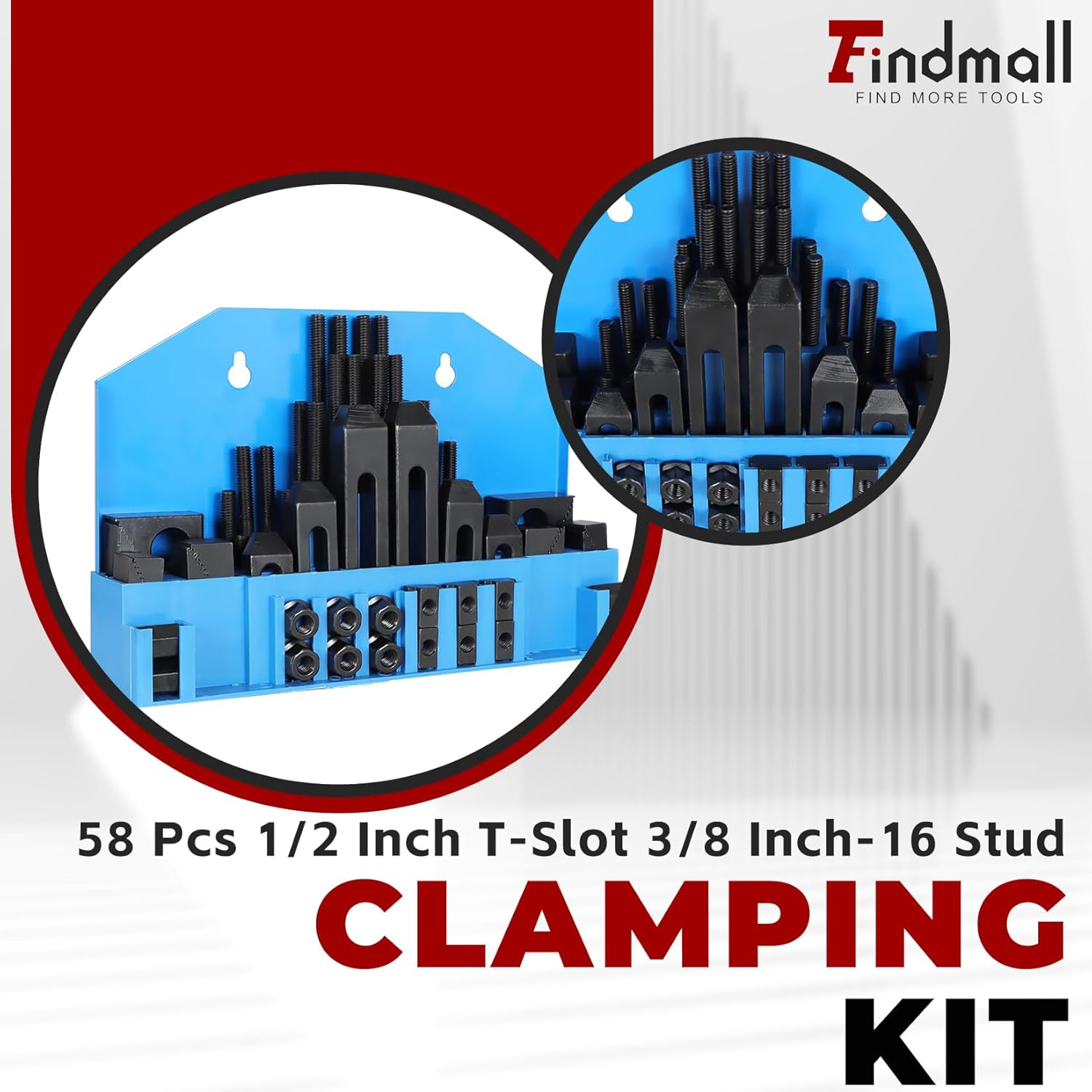 findmall 58 Pcs Pro-Series 1/2 Inch T-Slot 3/8 Inch-16 Stud Clamping Kit Fit for Bridgeport Mill