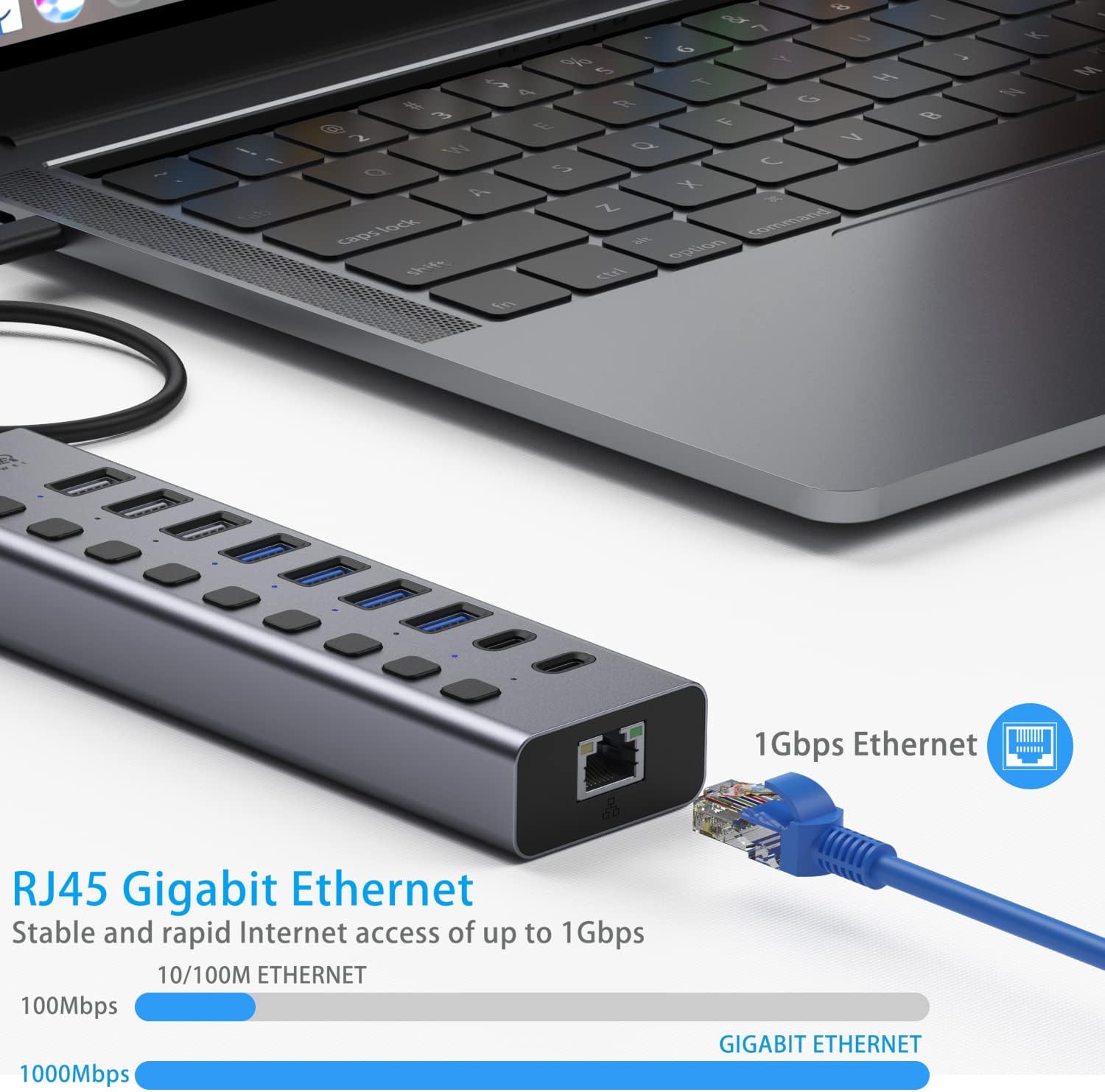 Powered USB 3.0/USB C Hub,10-Port USB Splitter with Ethernet Port, 3 USB A Charging, 4 USB A 3.0, 2 USB C Data Transfer, Individual On/Off Switch 60W AC Adapter, USB Hub for Laptops and Computer : Electronics