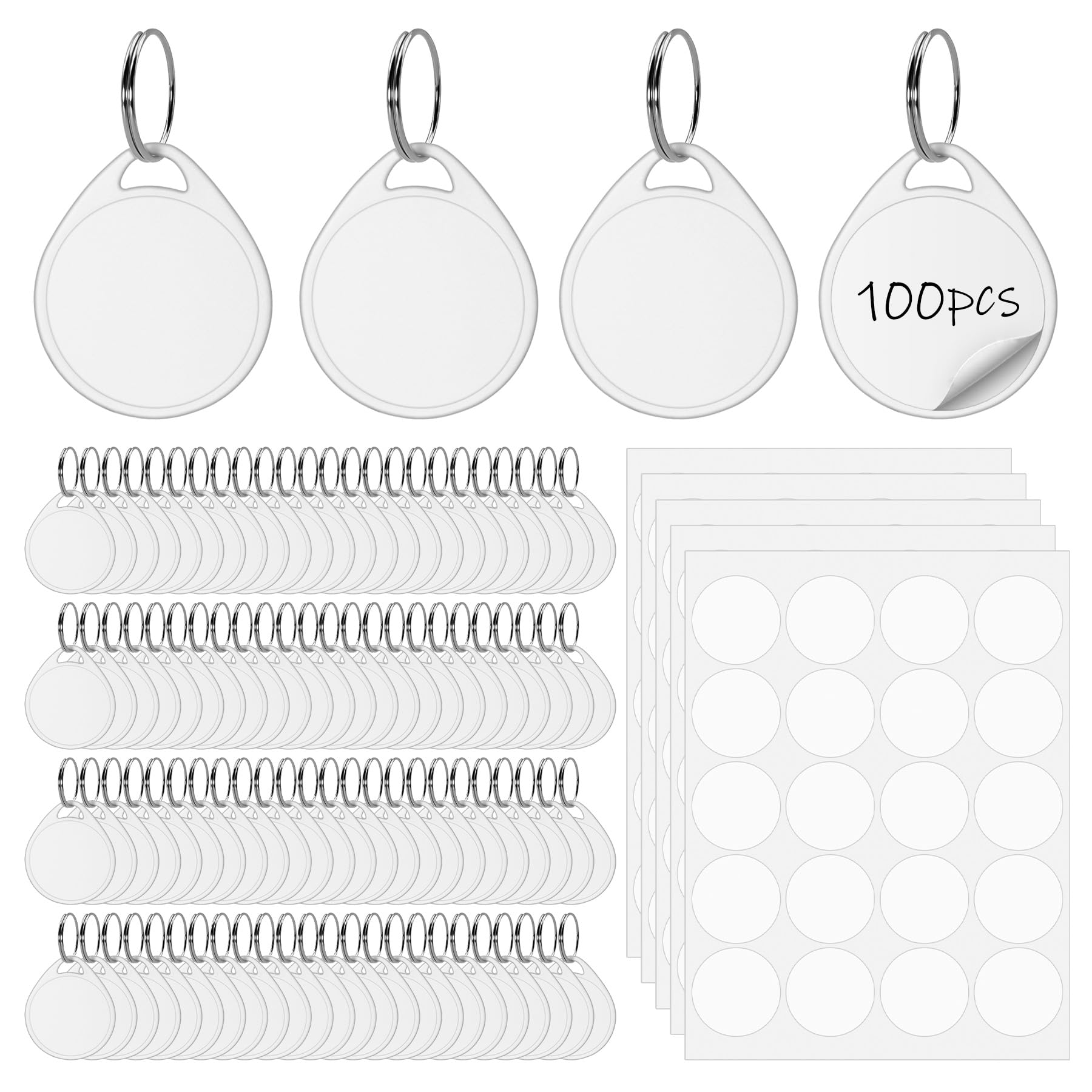 100 Pcs Rack Key Tags with Label 1.5 Inch Reusable Round Plastic Tags with Blank Paper Stickers and Split Rings, Item Identifiers for Home,Office and