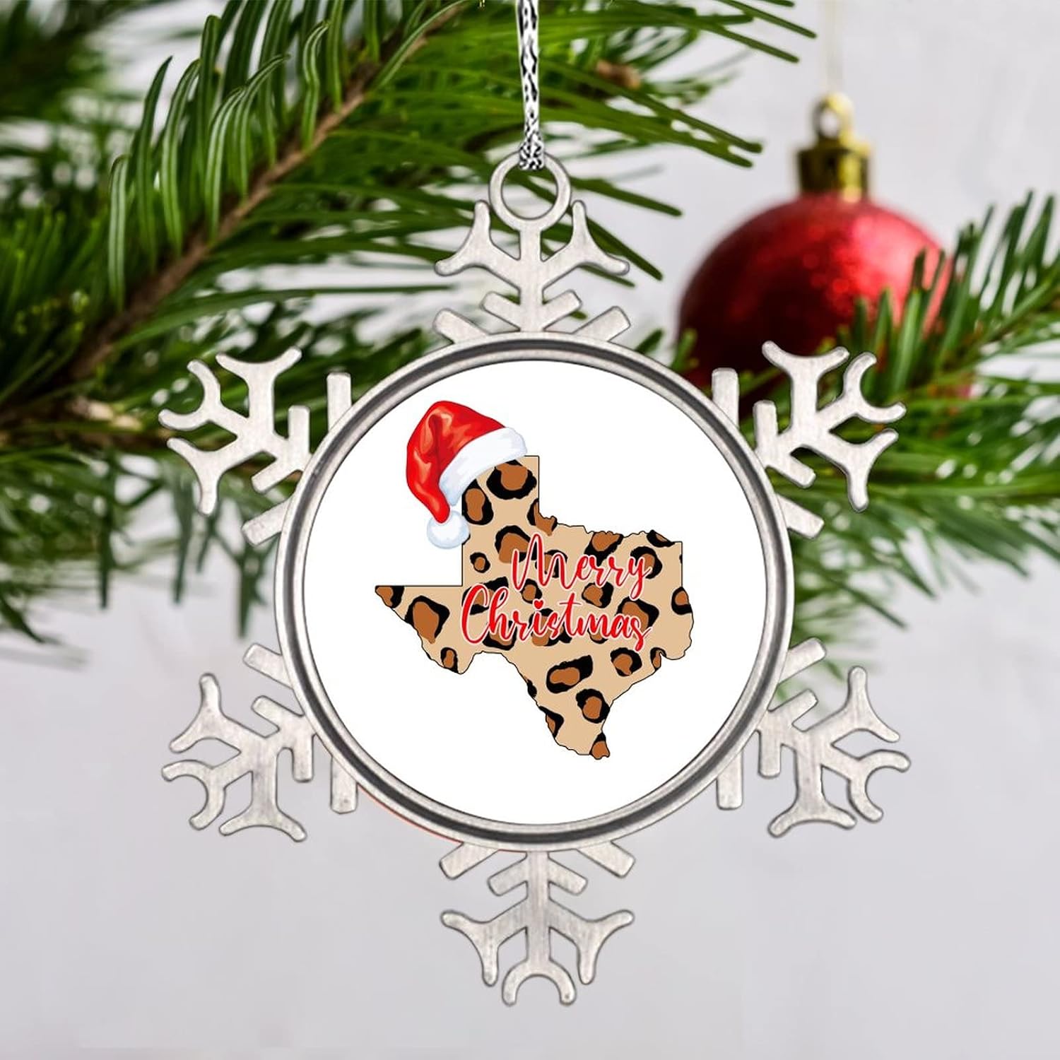 Snowflake Ornaments Texas Home State Personalized Christmas Ornaments 2022 Leopard Print Map Christmas Hat Ornaments for Christmas Trees Metal Souvenir Xmas Tree Hang Pendant Exchange Gift 3 Inch