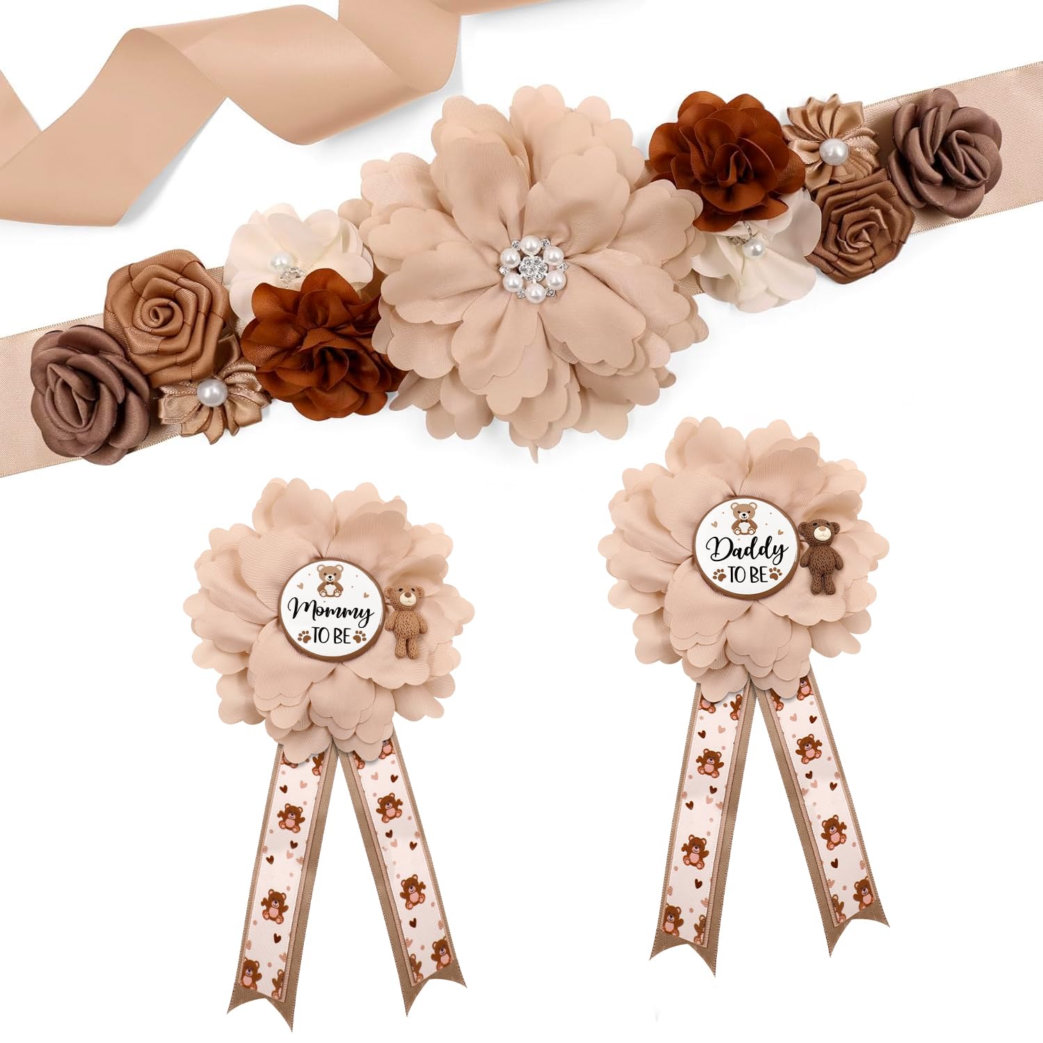 Vansolinne Brown Teddy Bear Maternity Sash Kit Mom to Be Daddy to Be Corsage Pins Bear Theme Baby Shower Decorations Teddy Bear Belly Band Pregnancy