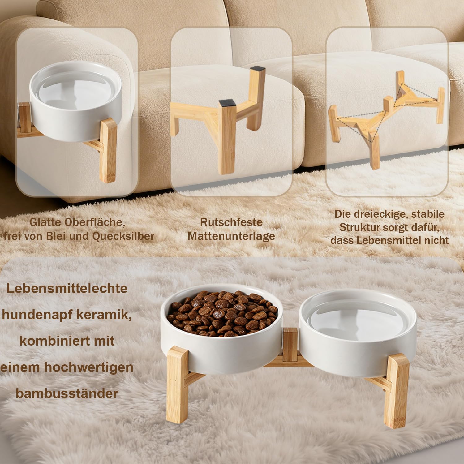 2 x 850ml Hundenapf Erhöht, Hundenapf Keramik mit 15,5 cm Ständer,Futternapf Hund Erhöht für Kleine Bis Mittlere Hunde,Doppelt Fressnapf Hund,Hunde Napfset für Futter und Wasser (Weiß)