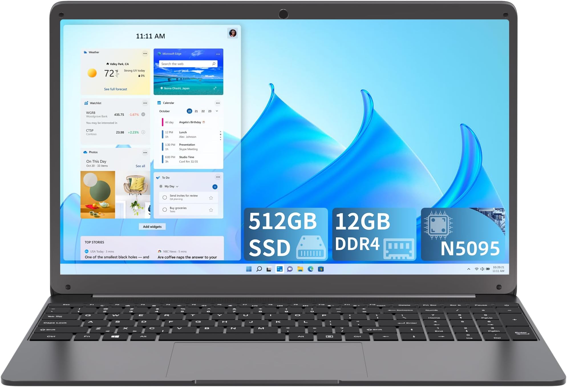 WAICID Laptop 15.6 Inch，512GB SSD 12GB DDR4，Windows 11 Laptops Computer w/ Intel Celeron N5095(4M Cache，up to 2.9 GHz)，USB Type-C，IPS FHD 1080P Display，5G/2.4Ghz WiFi，2xUSB3.0，Bluetooth 4.2，Gray