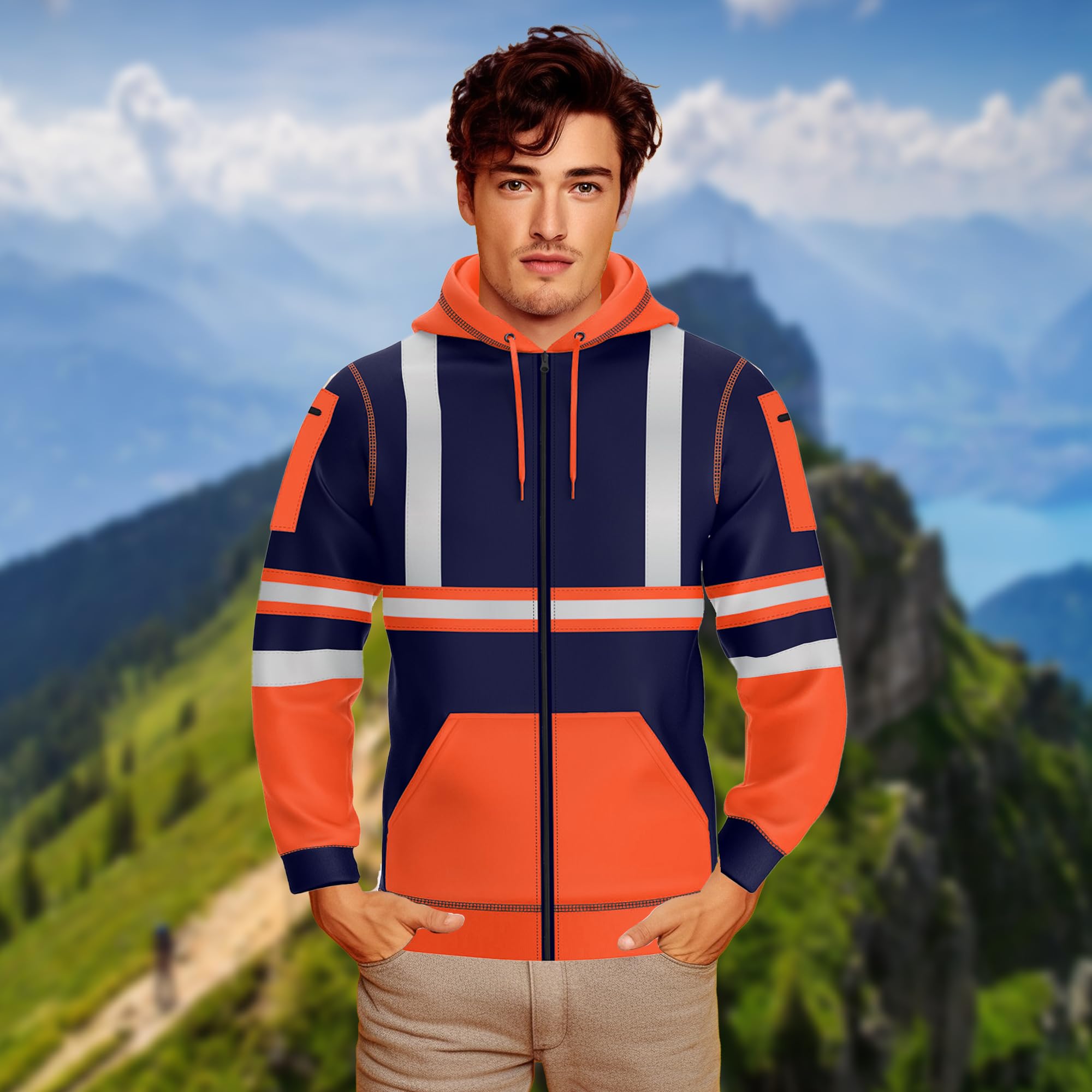 NOROZE Sudadera Alta Visibilidad Hombre con Capucha y Cinta Reflectante Cremallera Completa