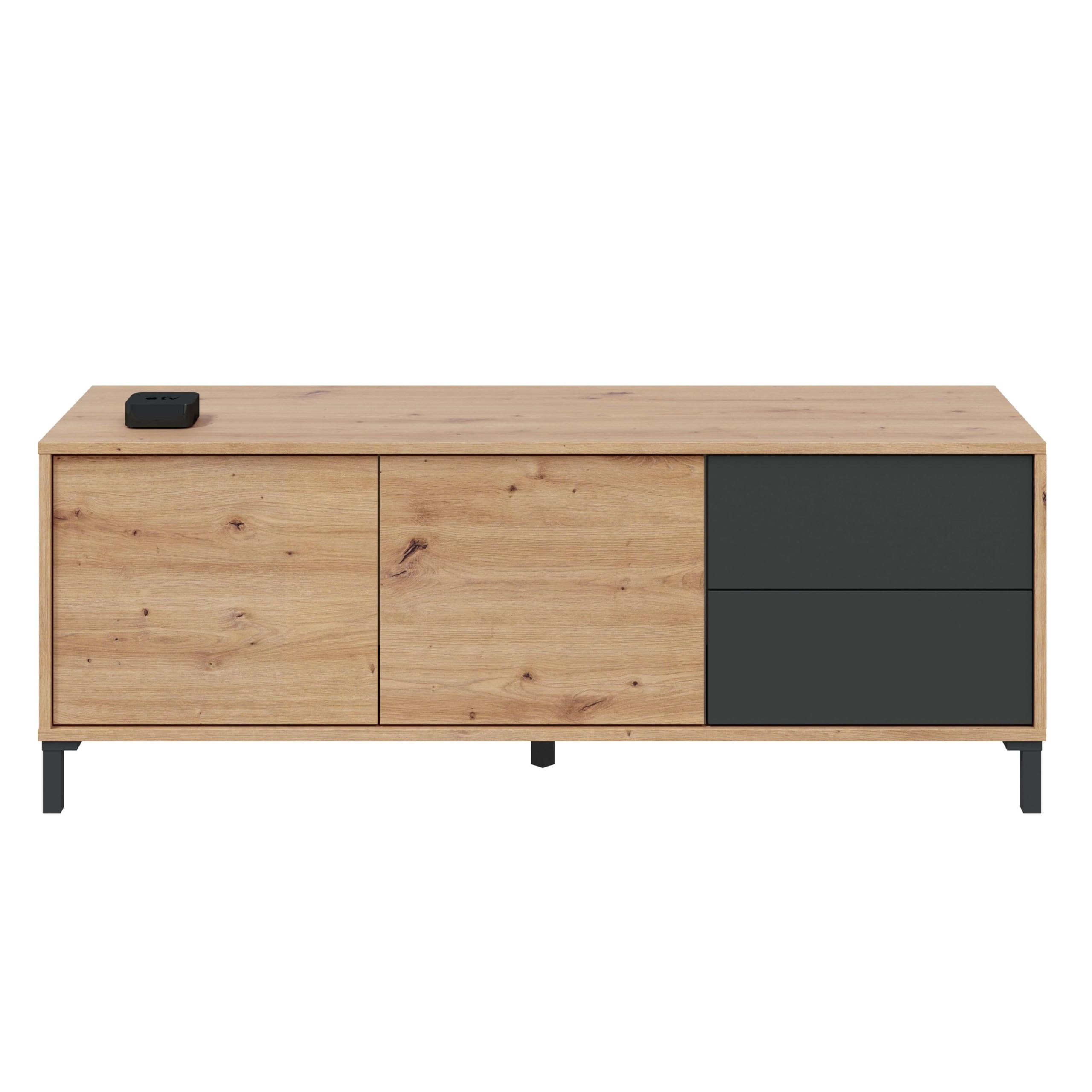 Habitdesign, moderner TV-Schrank mit 2 Türen und 2 Schubladen in Eiche Nodi und Anthrazit, Wohnzimmermöbel mit Stauraum, Maße: 130 x 47 x 41 cm (B x H x T), Modell Brooklyn